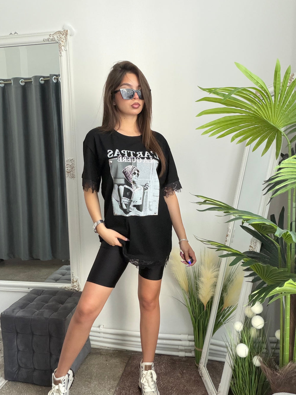 Tricou dantelat cu imprimeu negru GABY