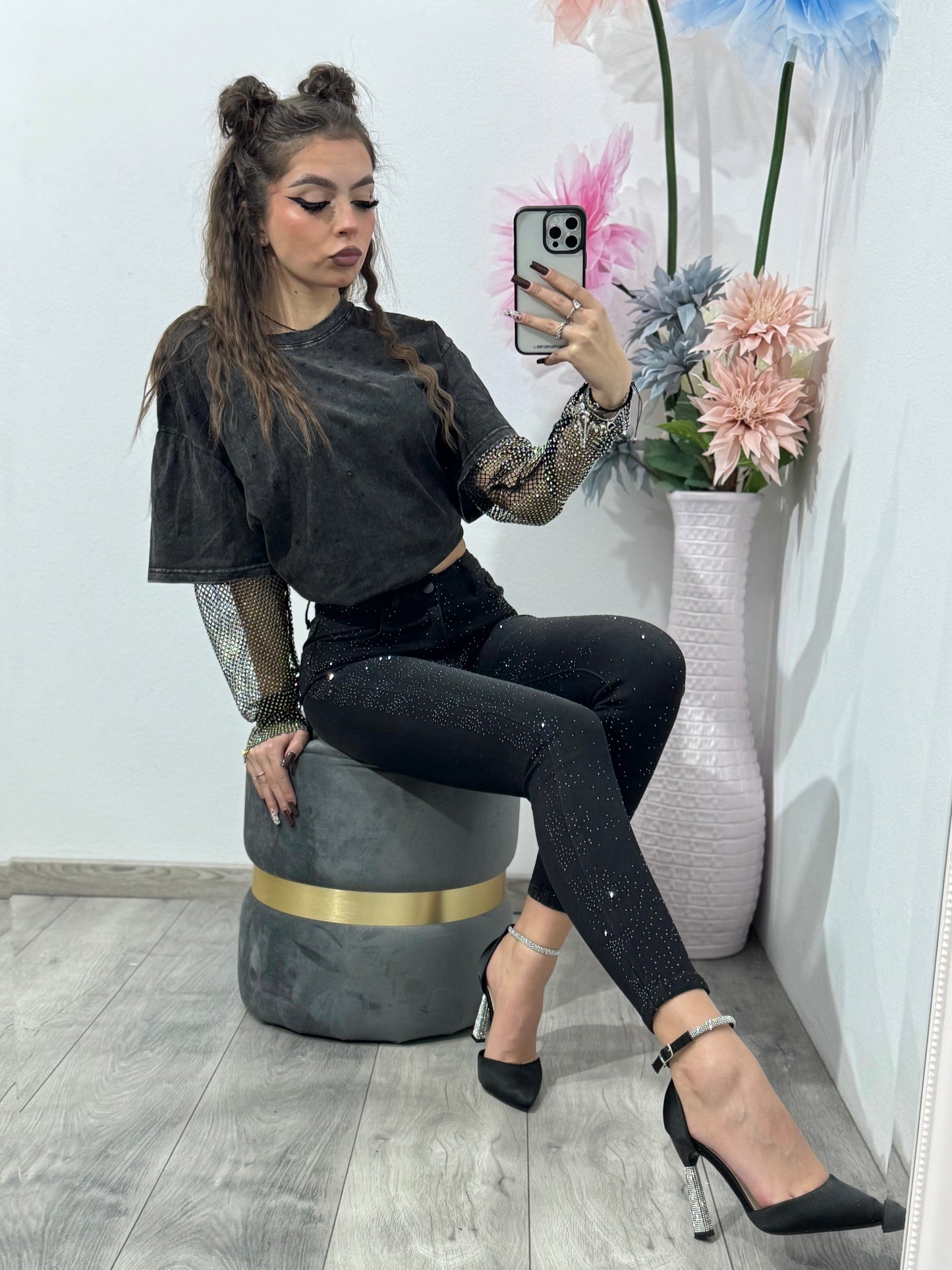 Jeans skinny negri cu cristale ștanțate DARIA