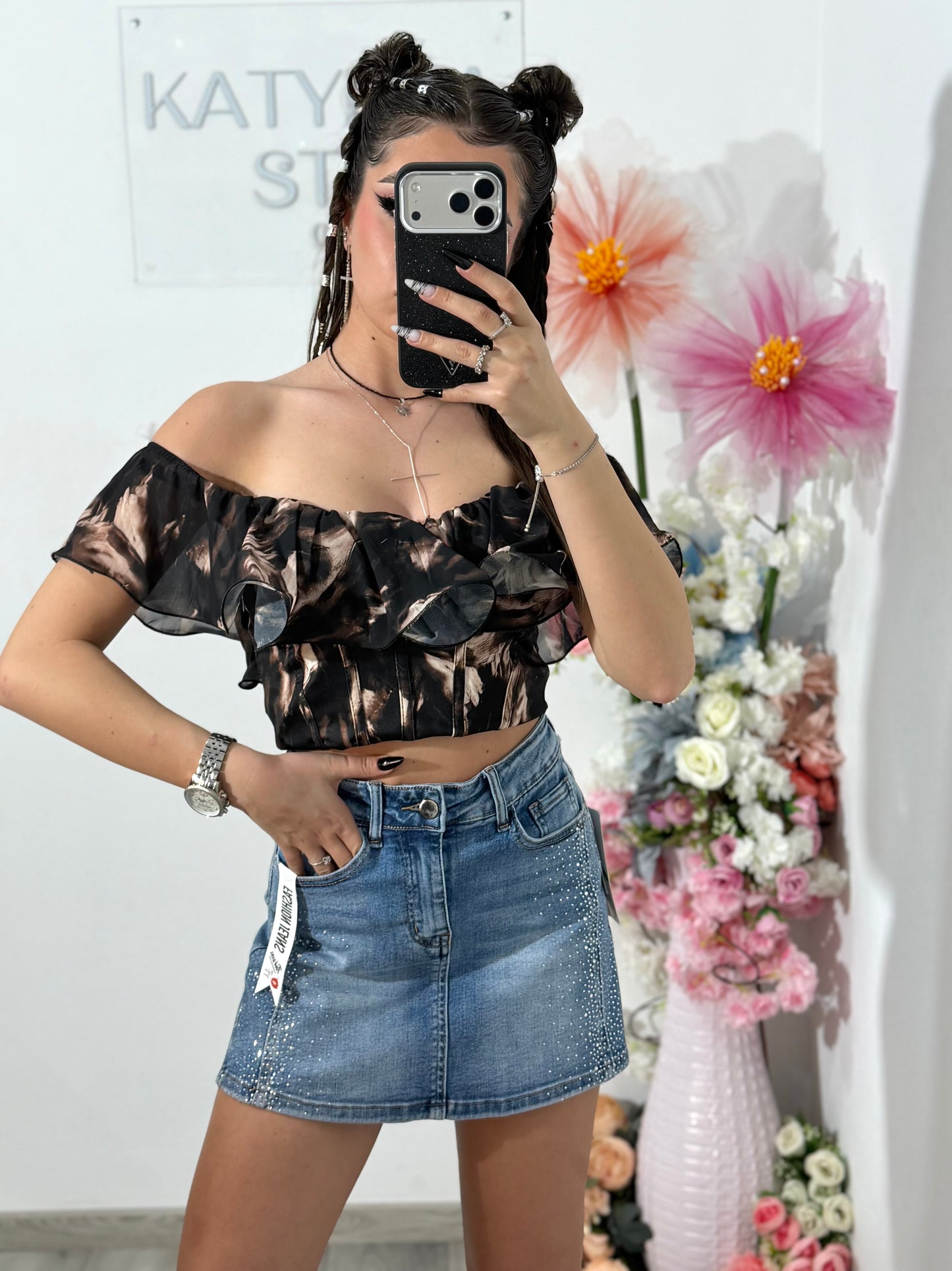 Fusta pantalon din denim albastru cu cristale argintii