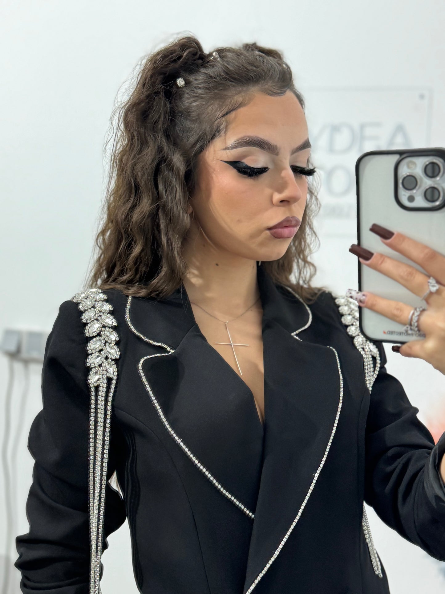 Costum elegant cu epoleți negru ANDREEA