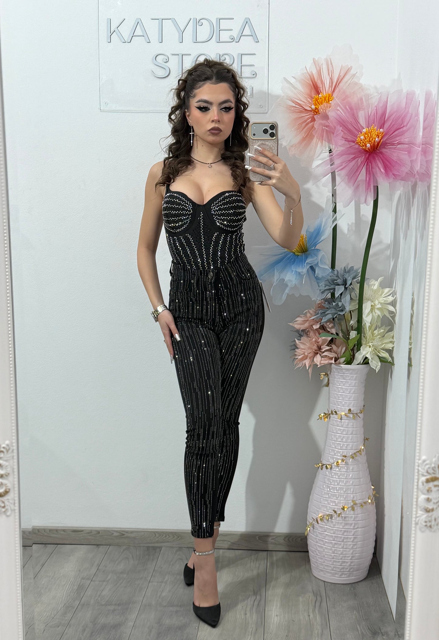 Jeans skinny negri cu cristale argintii BELLA