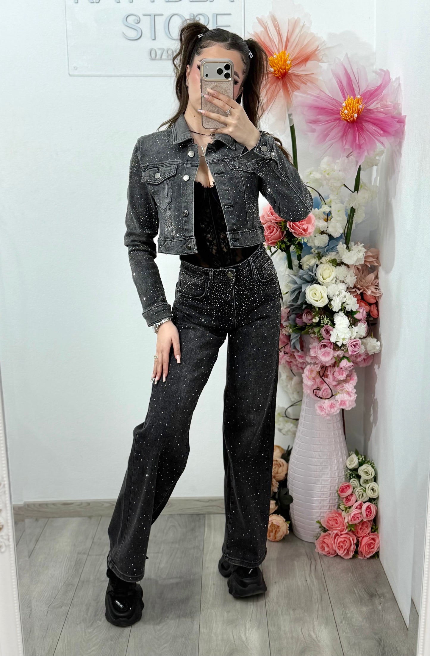 Blugi WideLeg gri cu cristale ELIZA