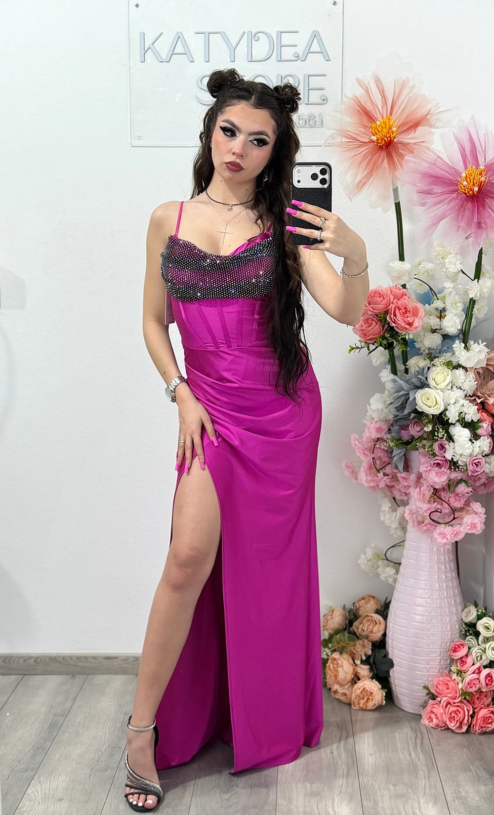 Rochie elegantă cu cristale fucsia Katherine