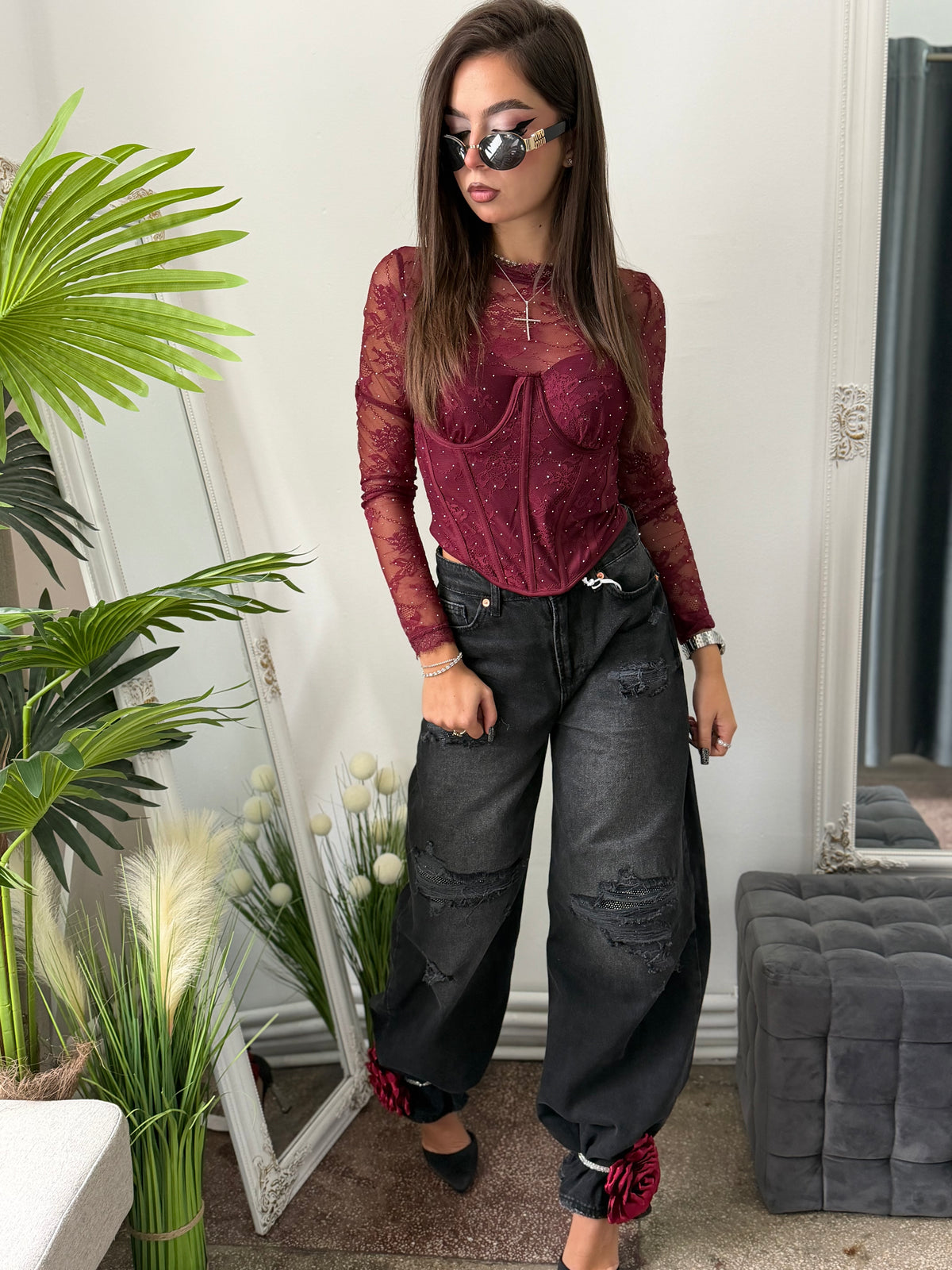 Top din dantelă cu cristale burgundy