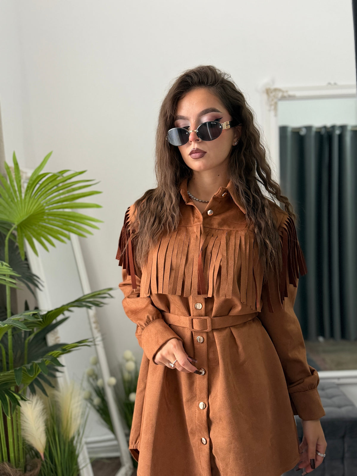 Rochie din piele întoarsă maro