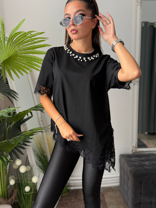 Tricou cu dantelă negru SARA