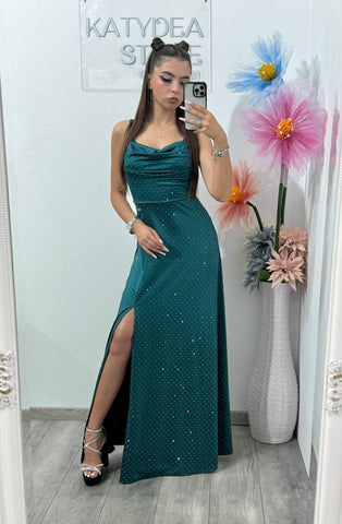 Rochie elegantă cu cristale verde negru Glam