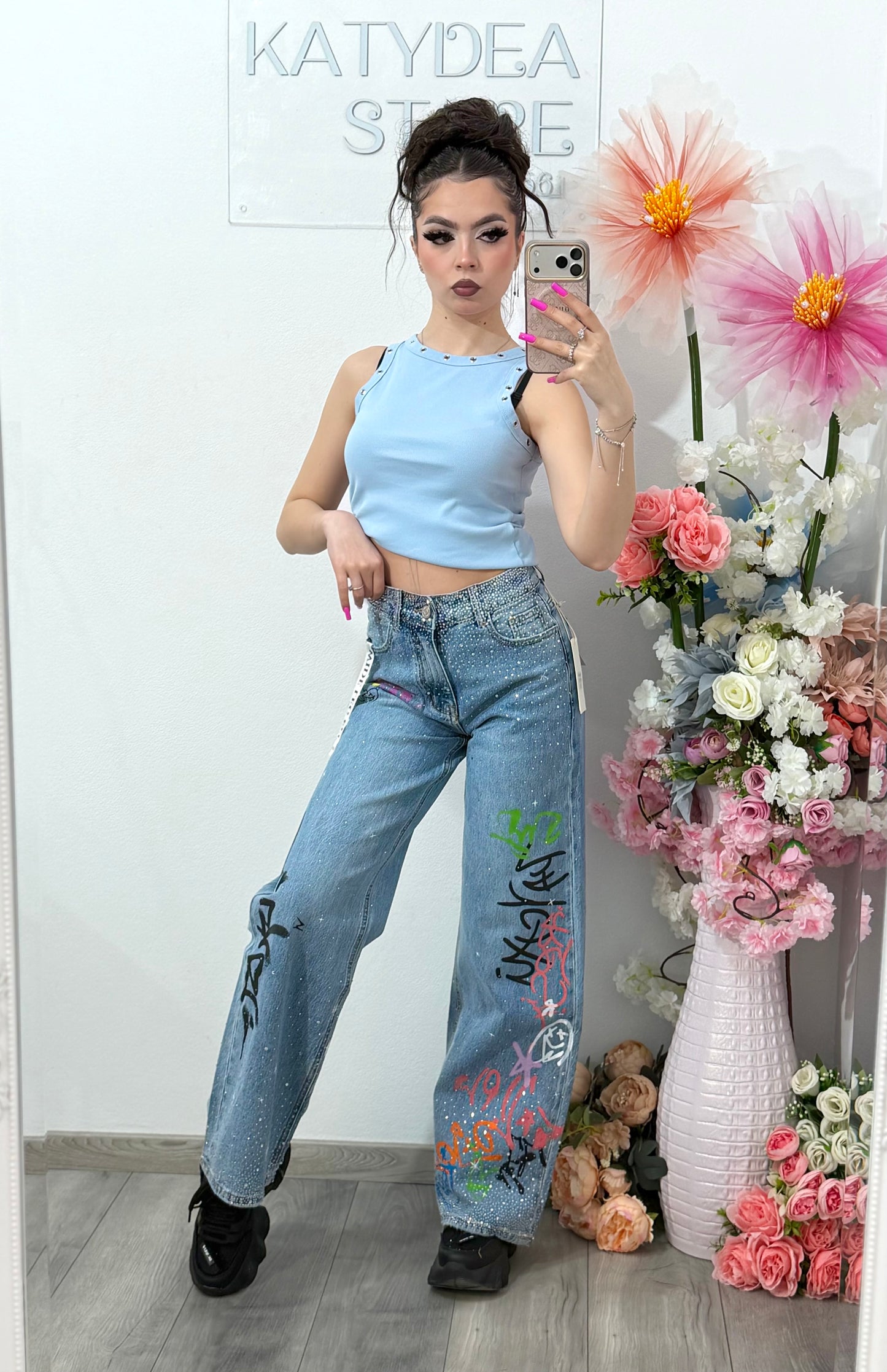 Jeans WideLeg cu cristale și grafitti ANDREE