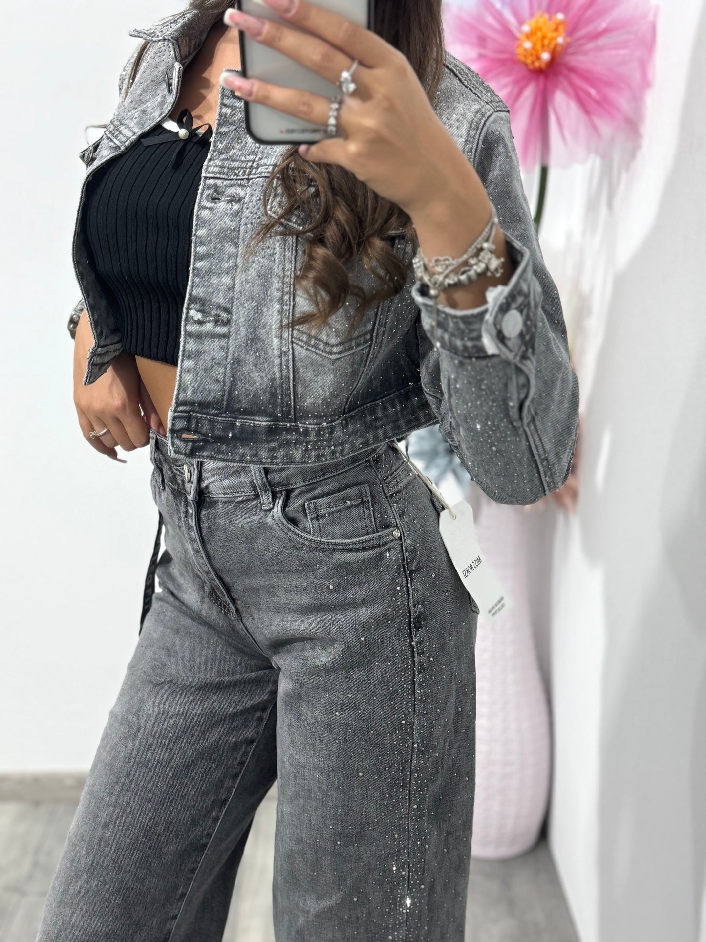 Jeans WideLeg gri cu cristale Olivia