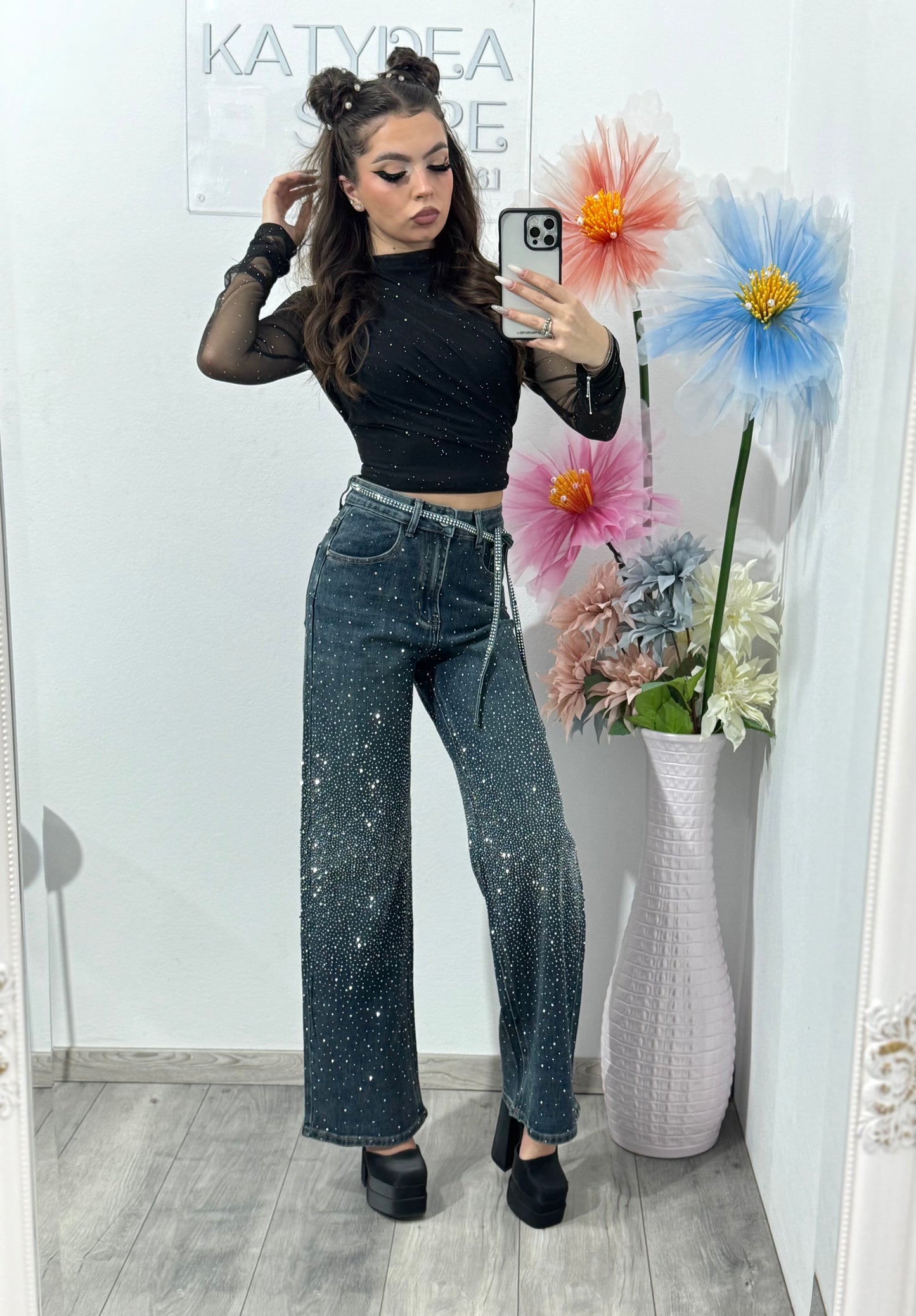 Jeans WideLeg cu cristale ștanțate XONIA