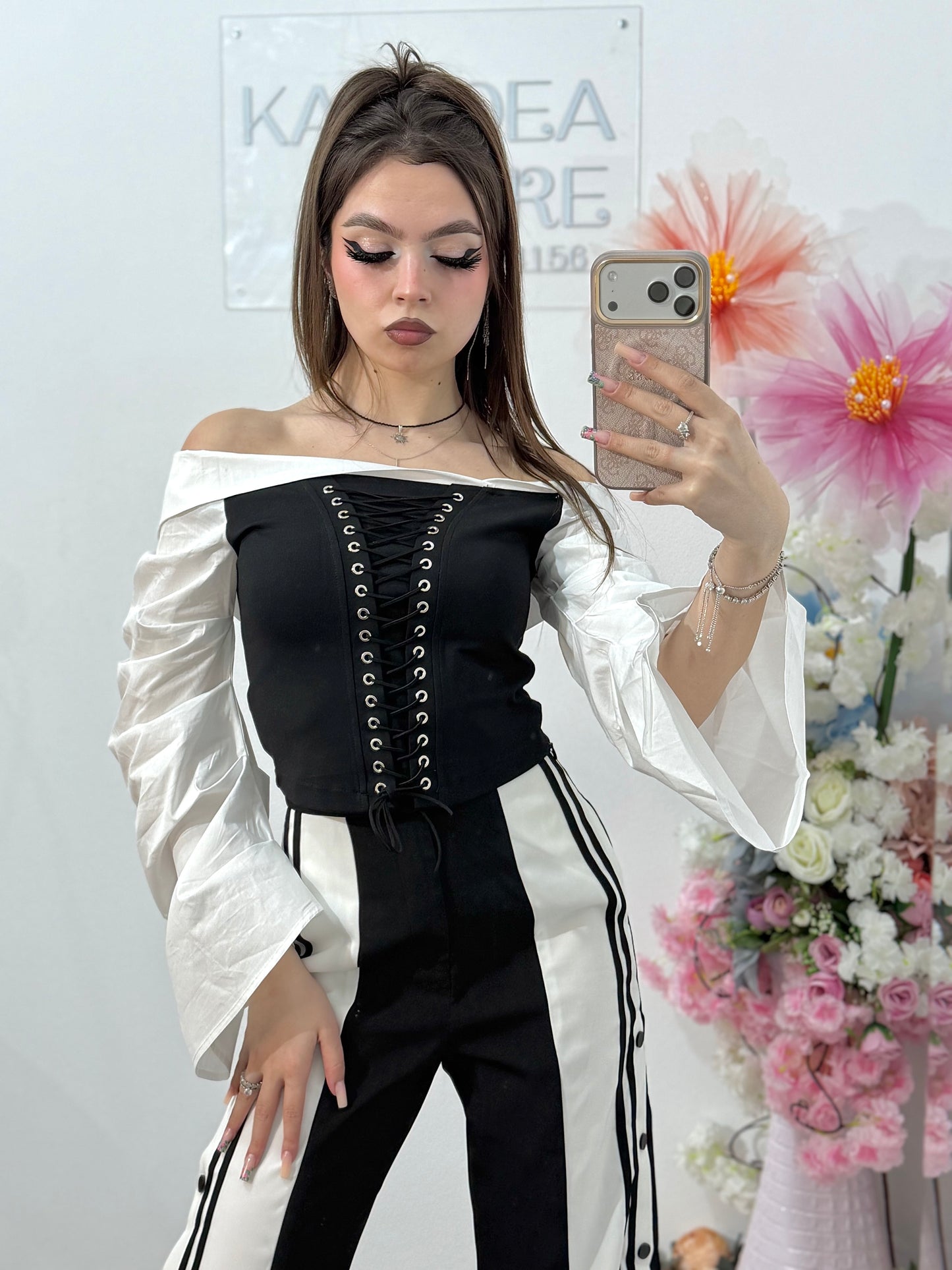 Top stil corset alb&negru HERENA