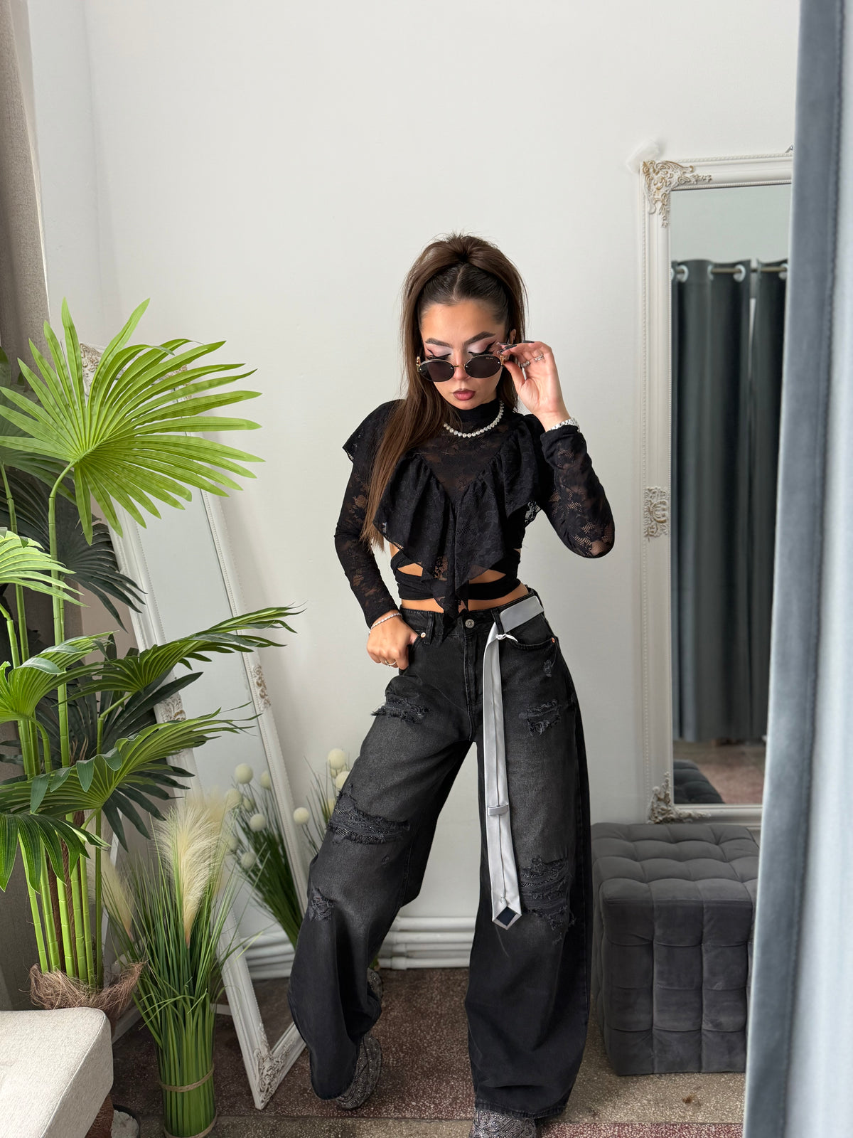 Jeans WideLeg negri cu cristale ARYA