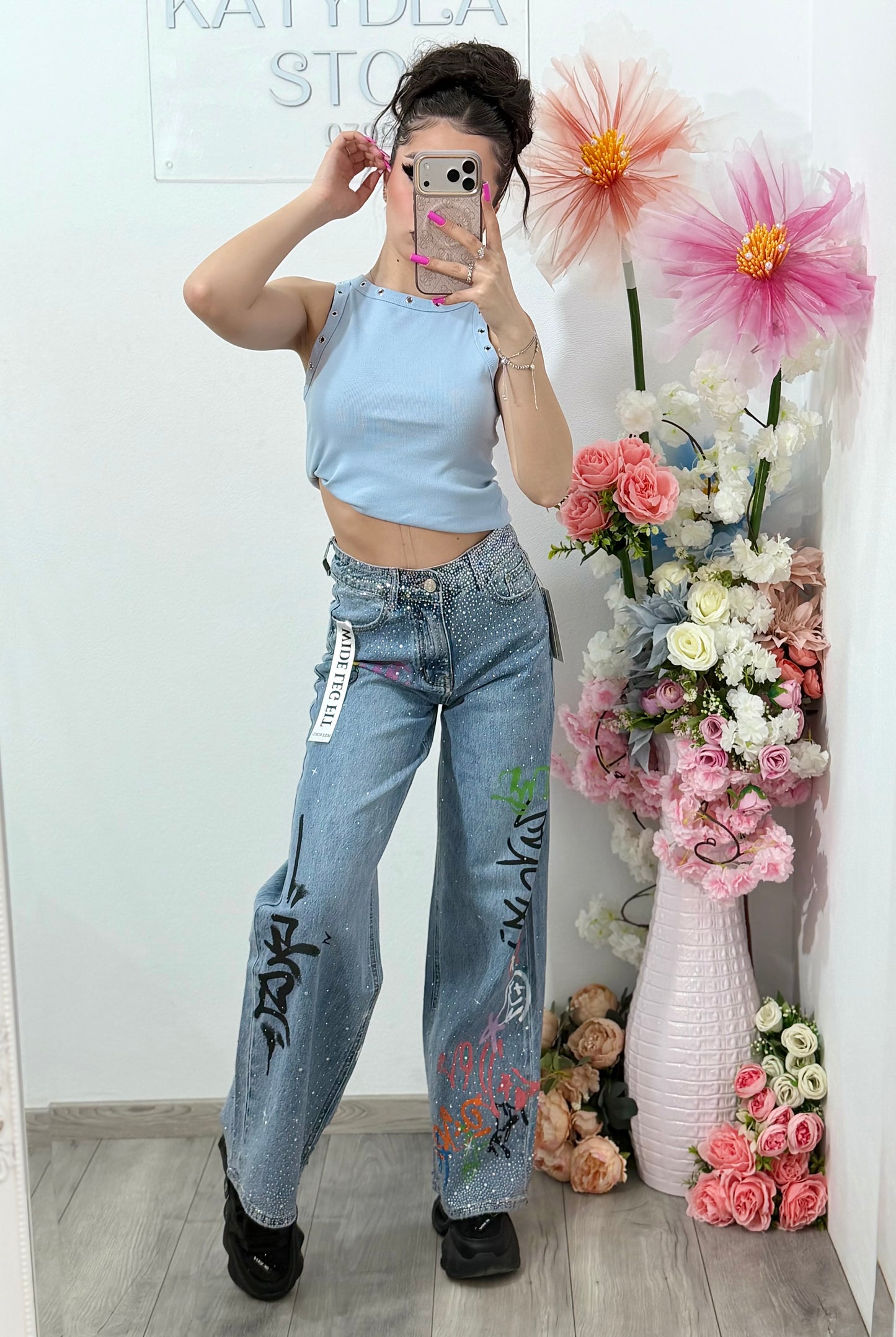 Jeans WideLeg cu cristale și grafitti ANDREE
