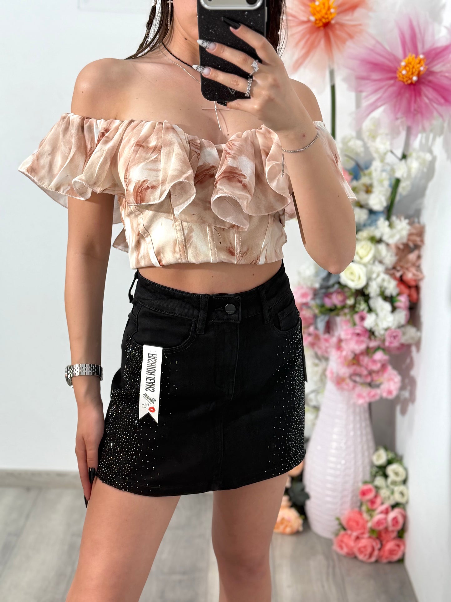 Fusta pantalon din denim negru cu cristale argintii