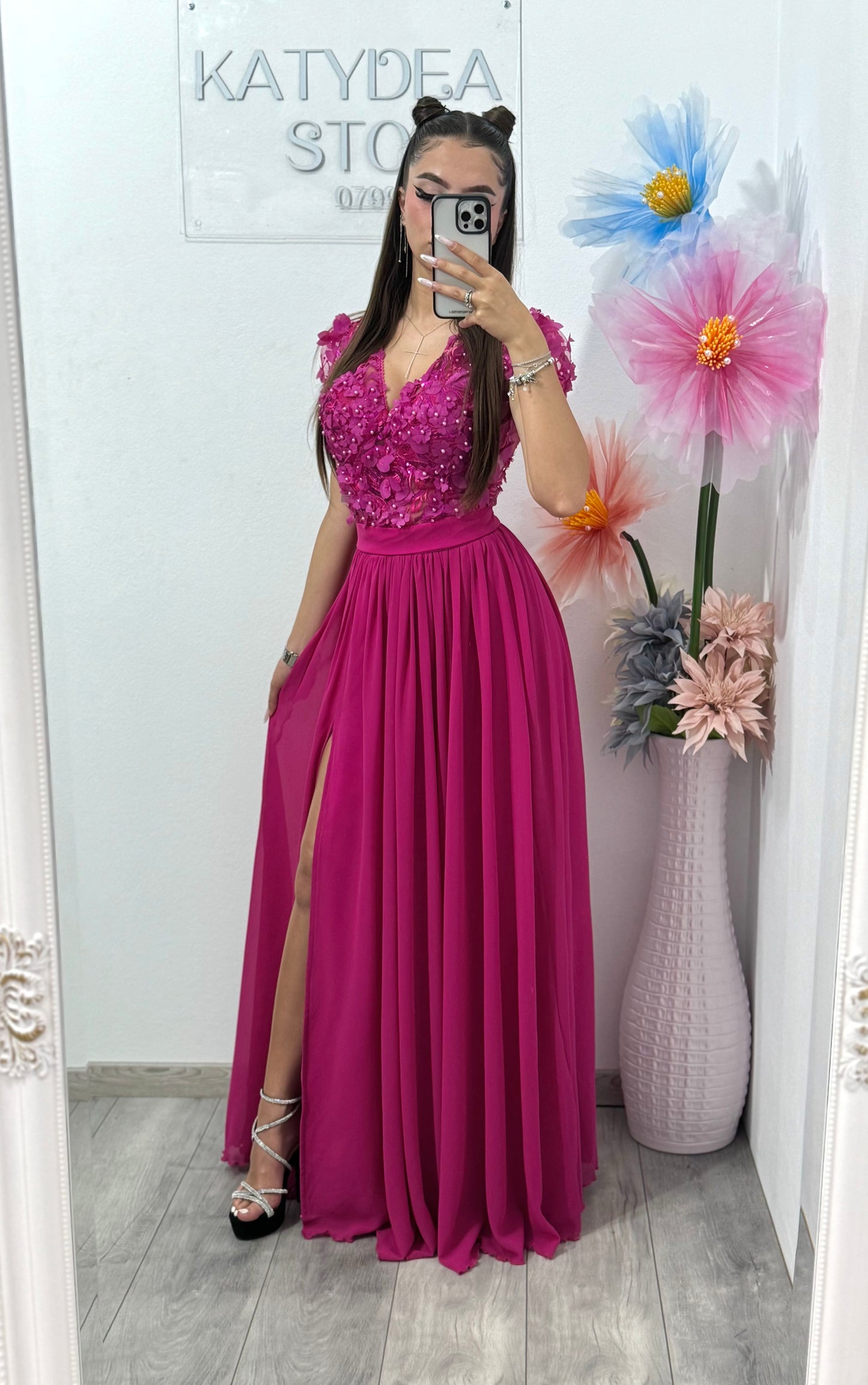 Rochie din voal și din dantelă 3D fucsia Lucy