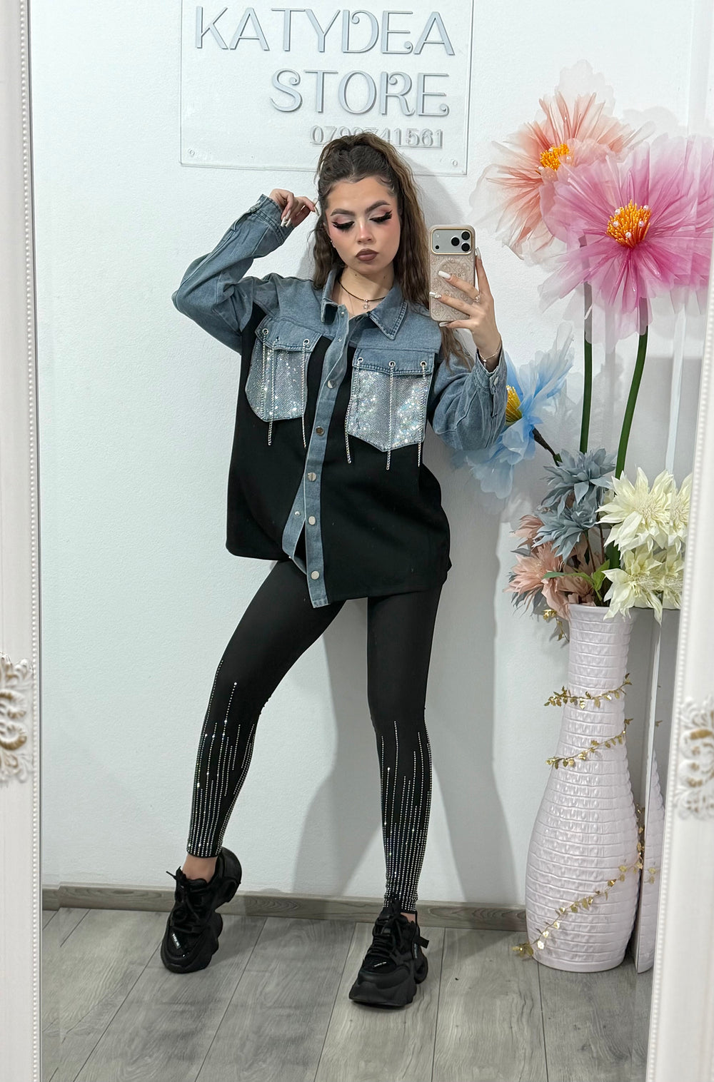 Camasa tip jacheta cu insertii denim si cristale