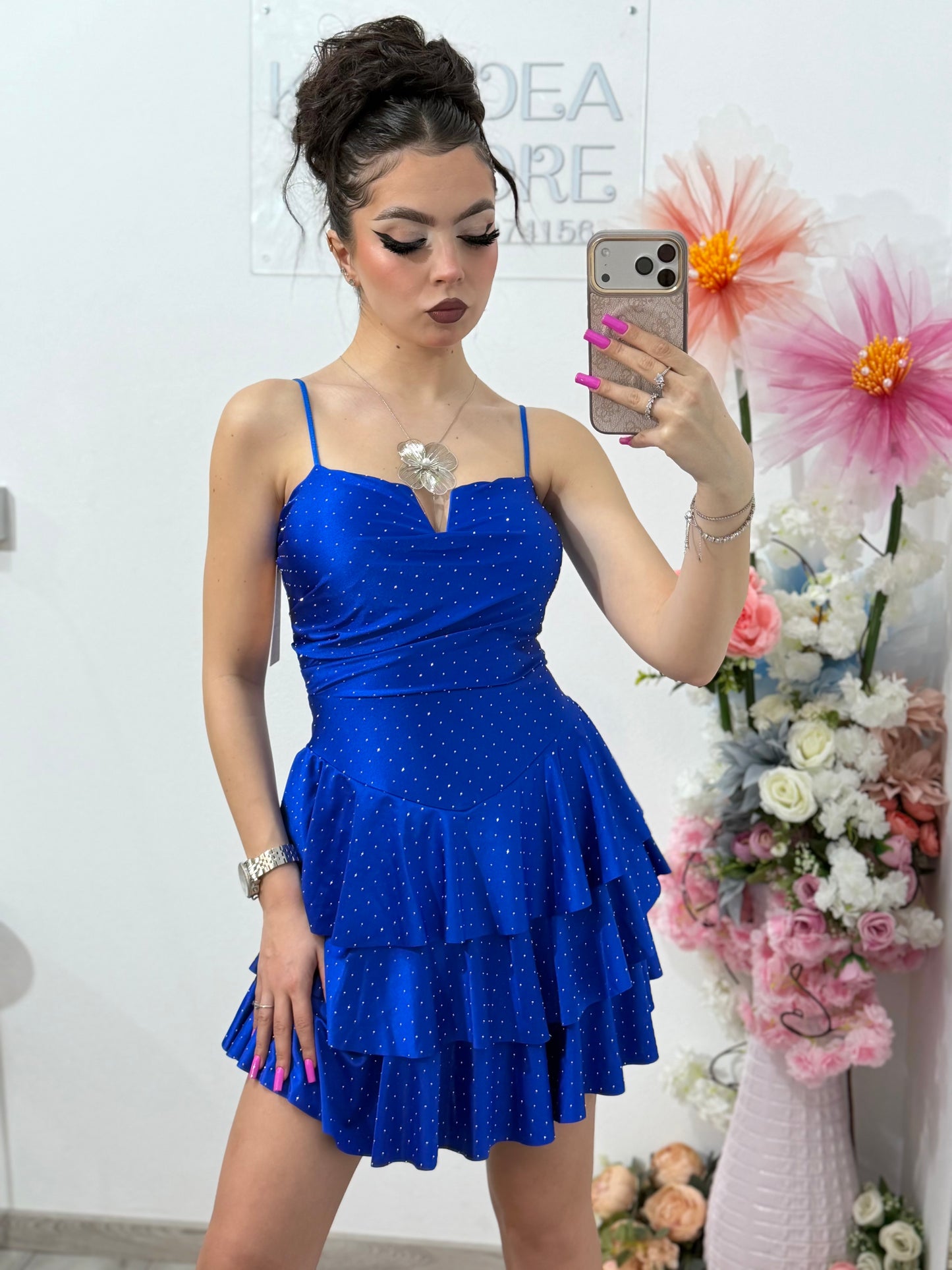 Rochie scurta albastru electric cu cristale ștanțate ZONIA