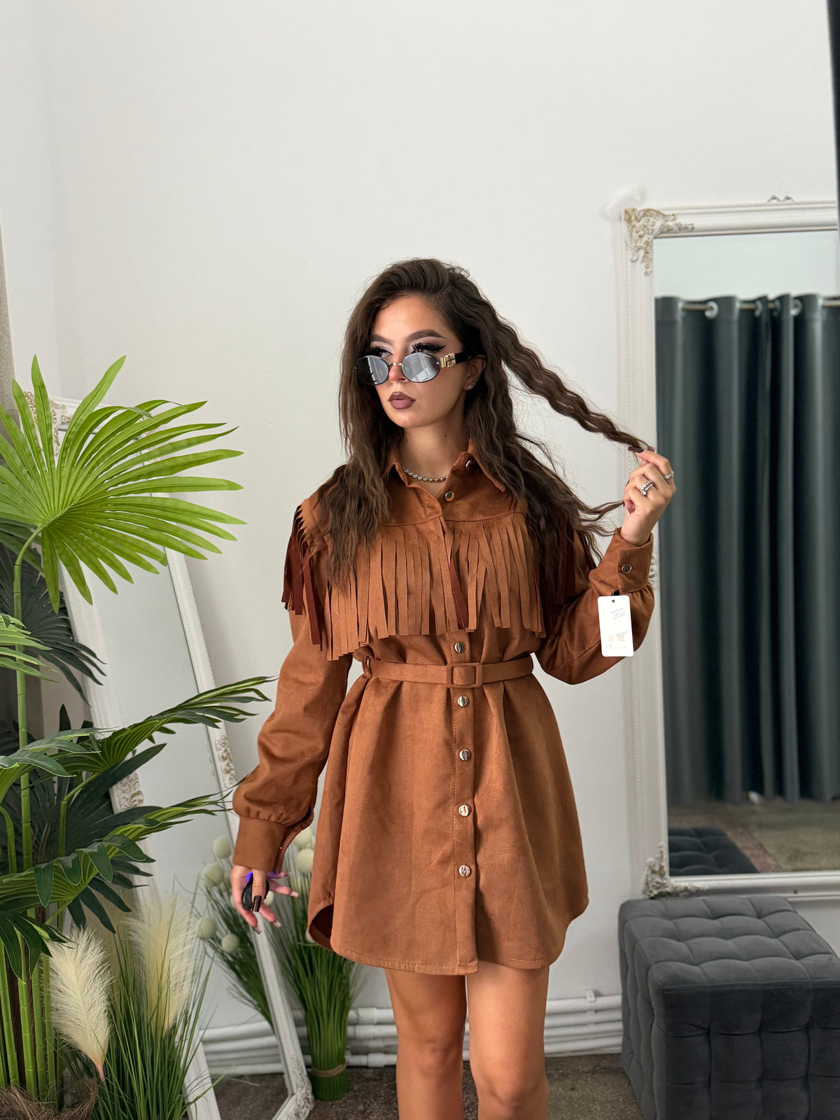 Rochie din piele întoarsă maro