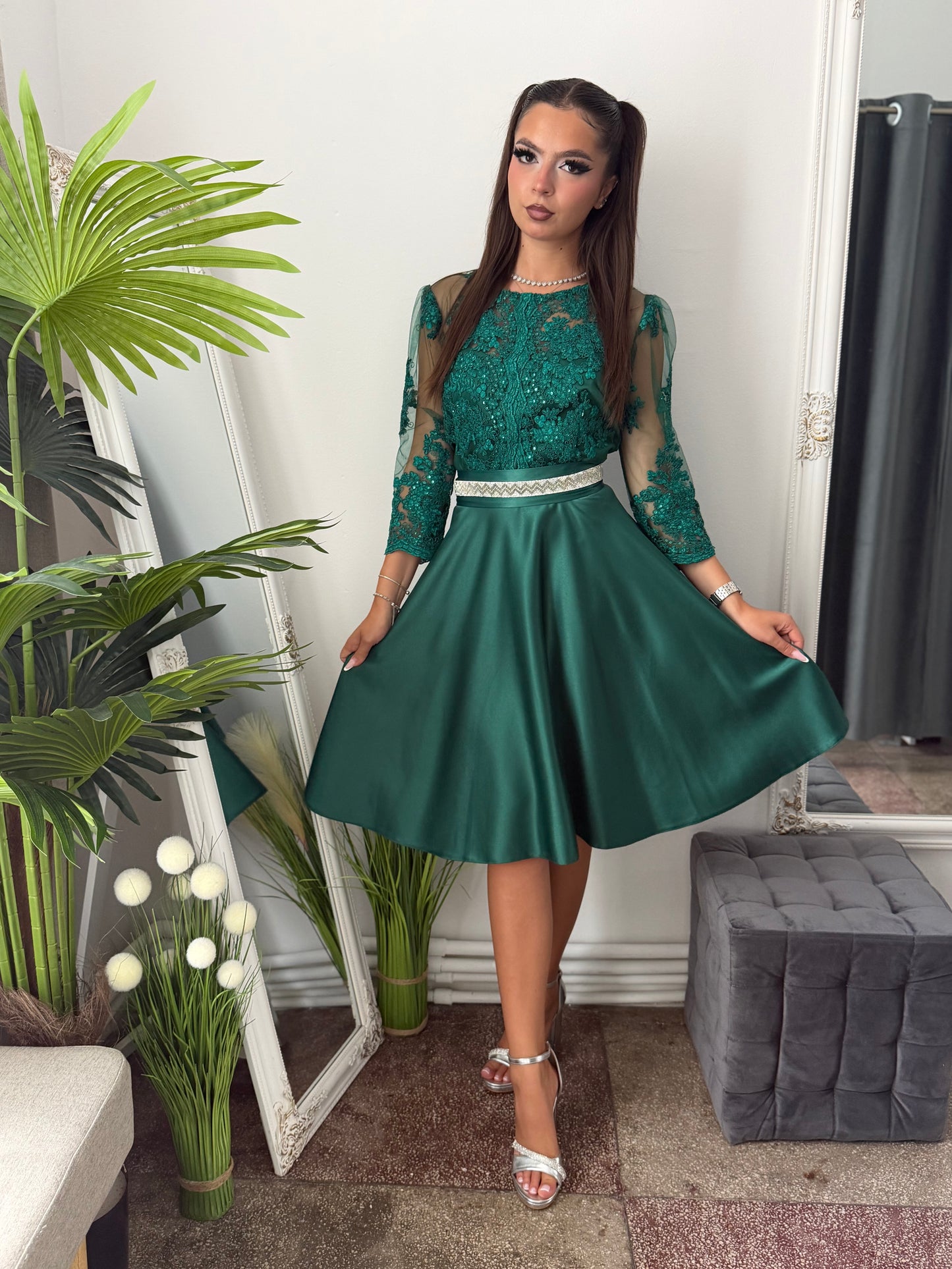 Rochie elegantă din tafta verde smarald EMA