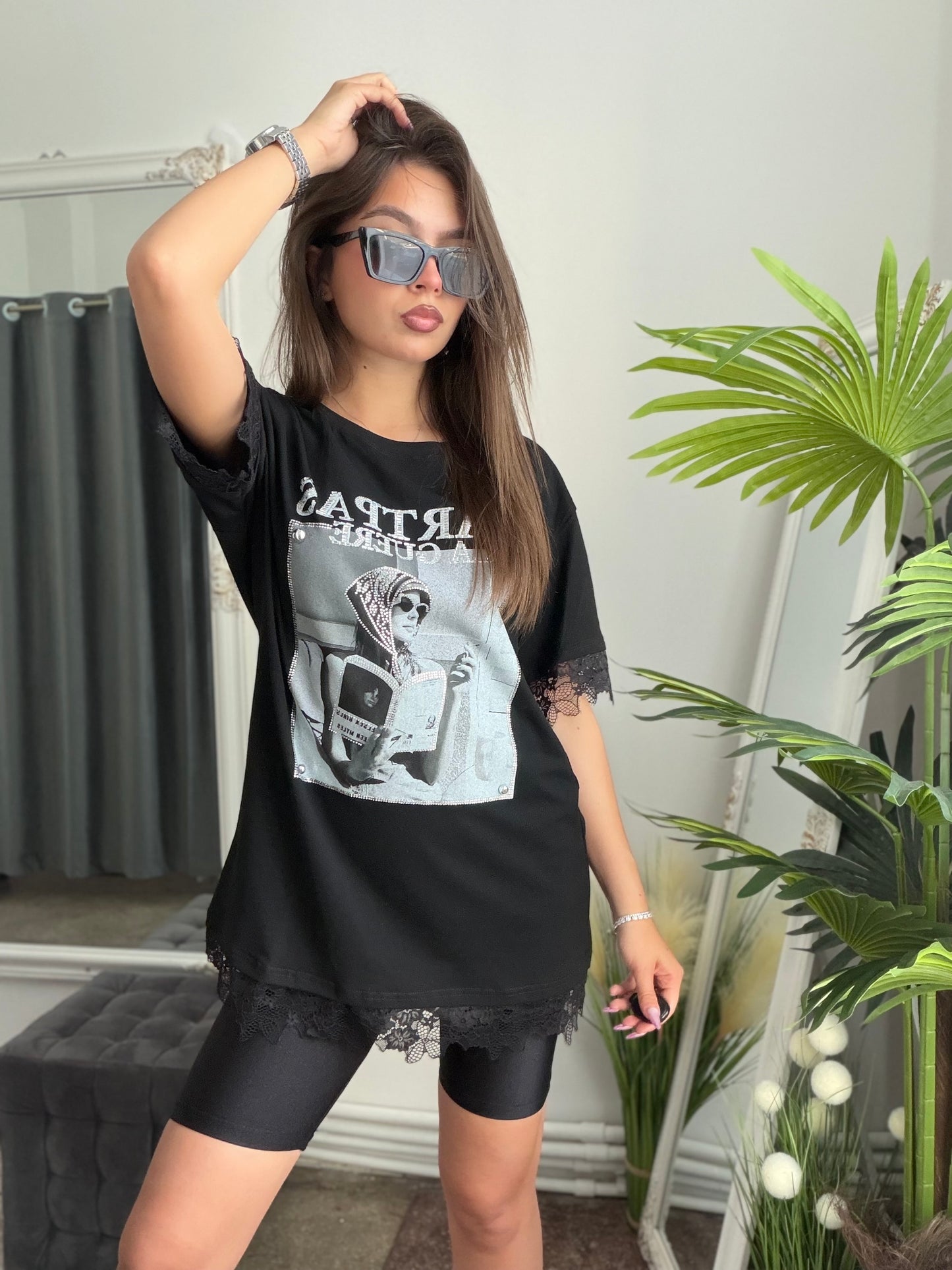 Tricou dantelat cu imprimeu negru GABY