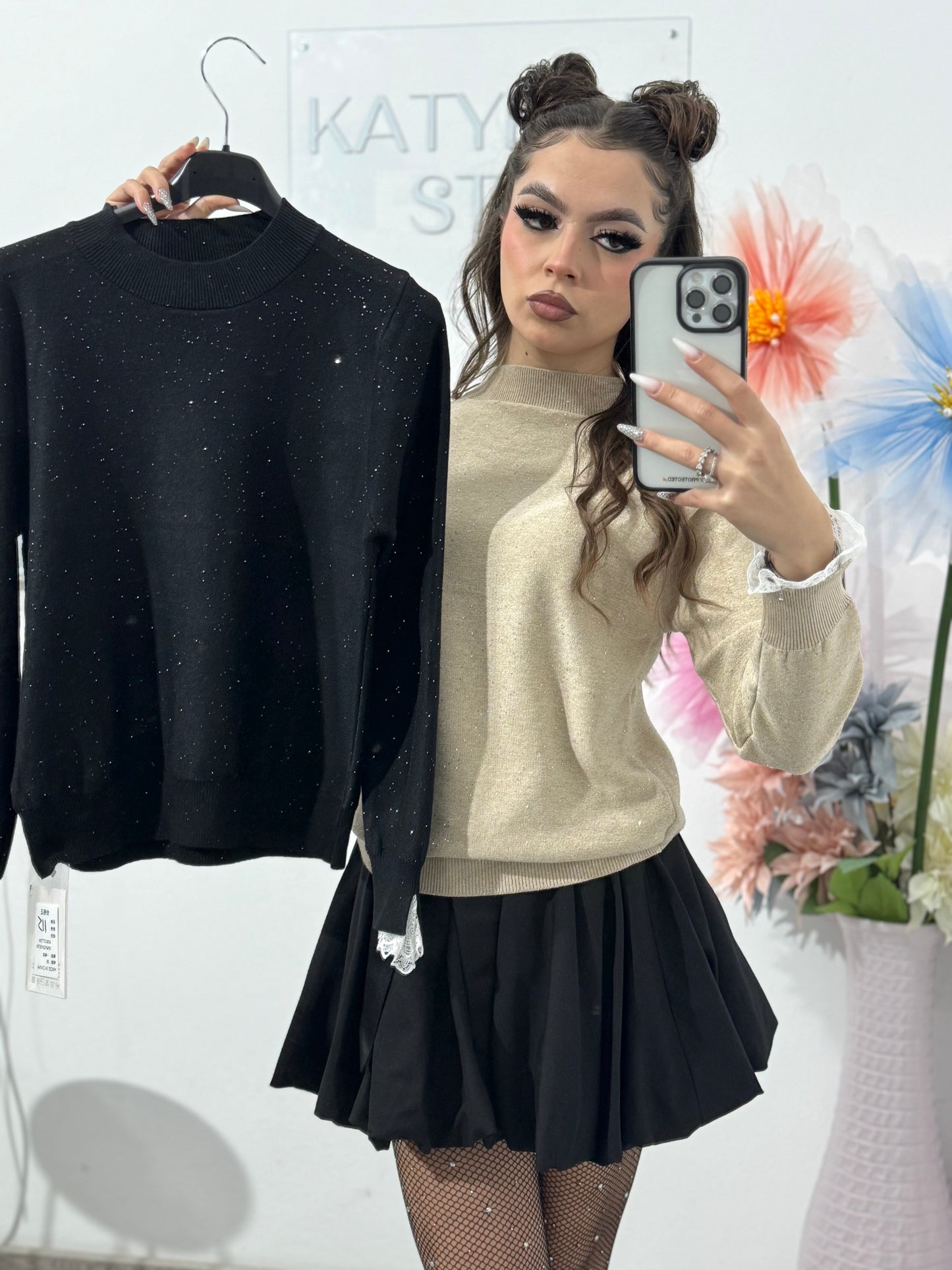 Bluza din tricot cu fir lucios și dantelă DORA