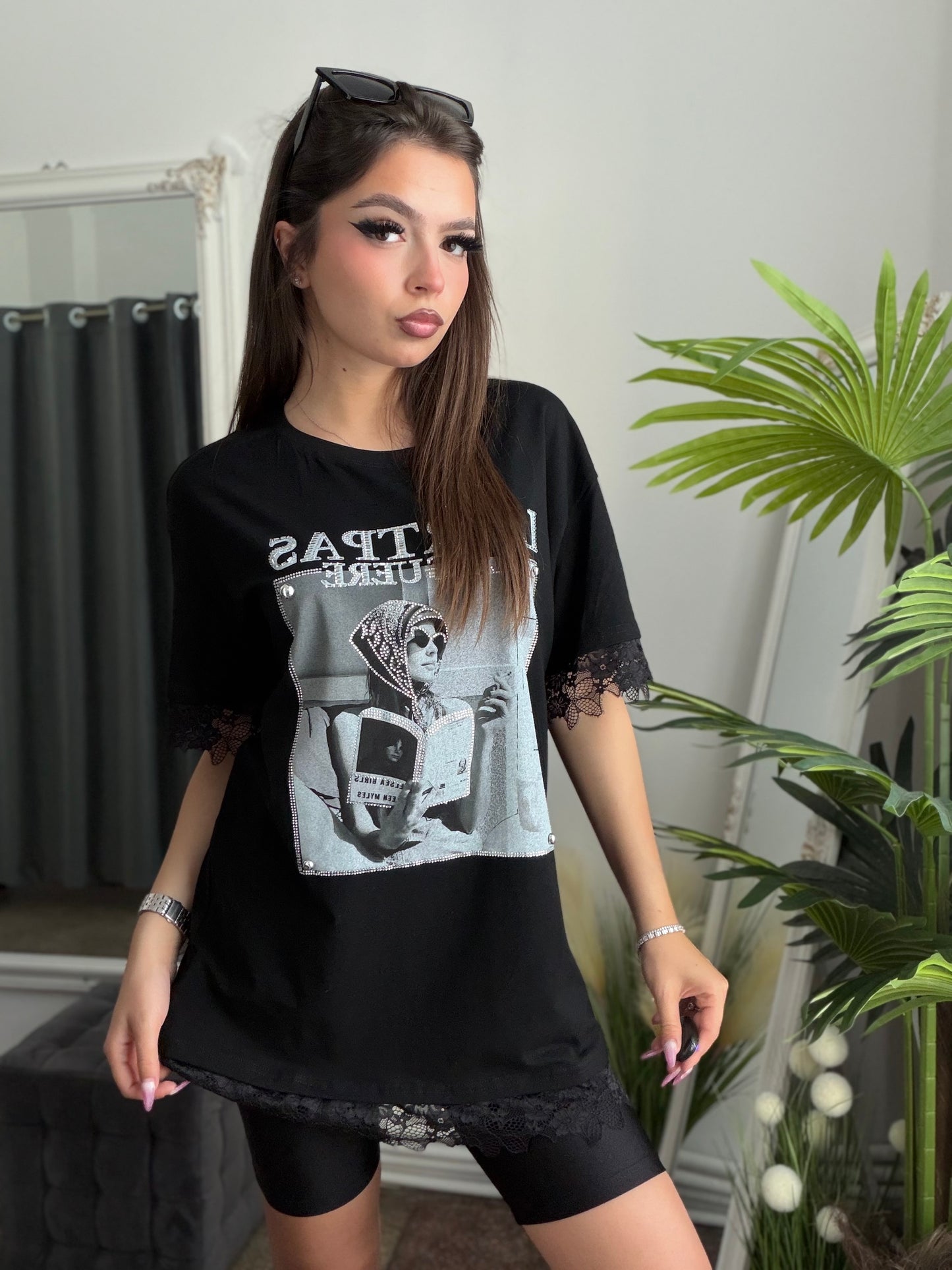 Tricou dantelat cu imprimeu negru GABY