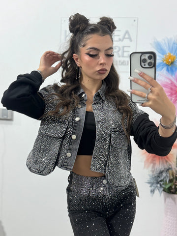 Geacă din denim gri cu cristale ștanțate Elena