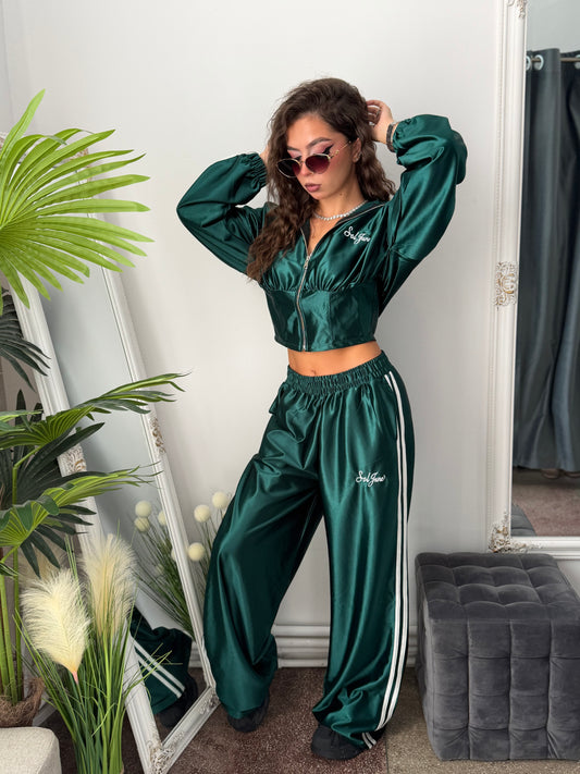 Compleu din satin din 2 piese verde