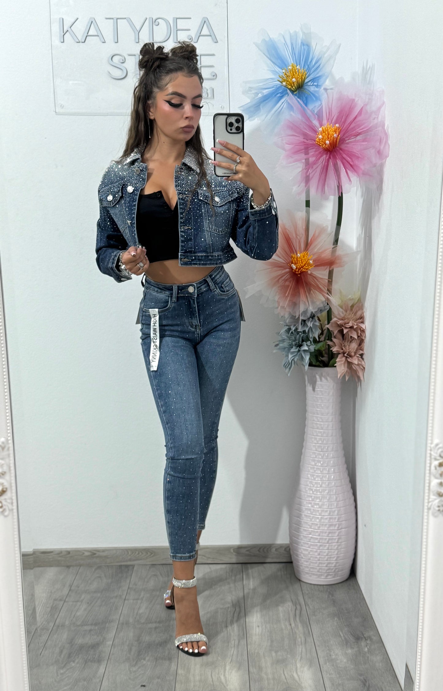 Jeans skinny albaștri cu cristale Clara