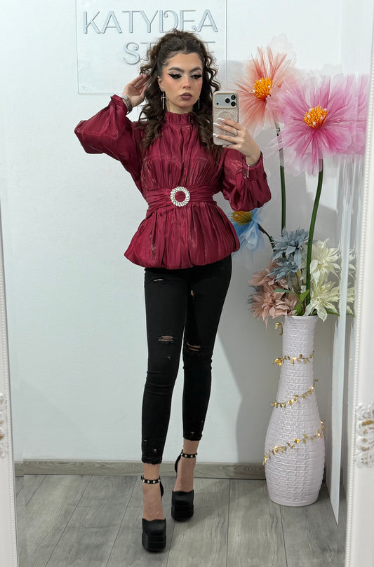 Cămașă elegantă din satin pentru femei, cu mâneci lungi și talie marcată BURGUNY