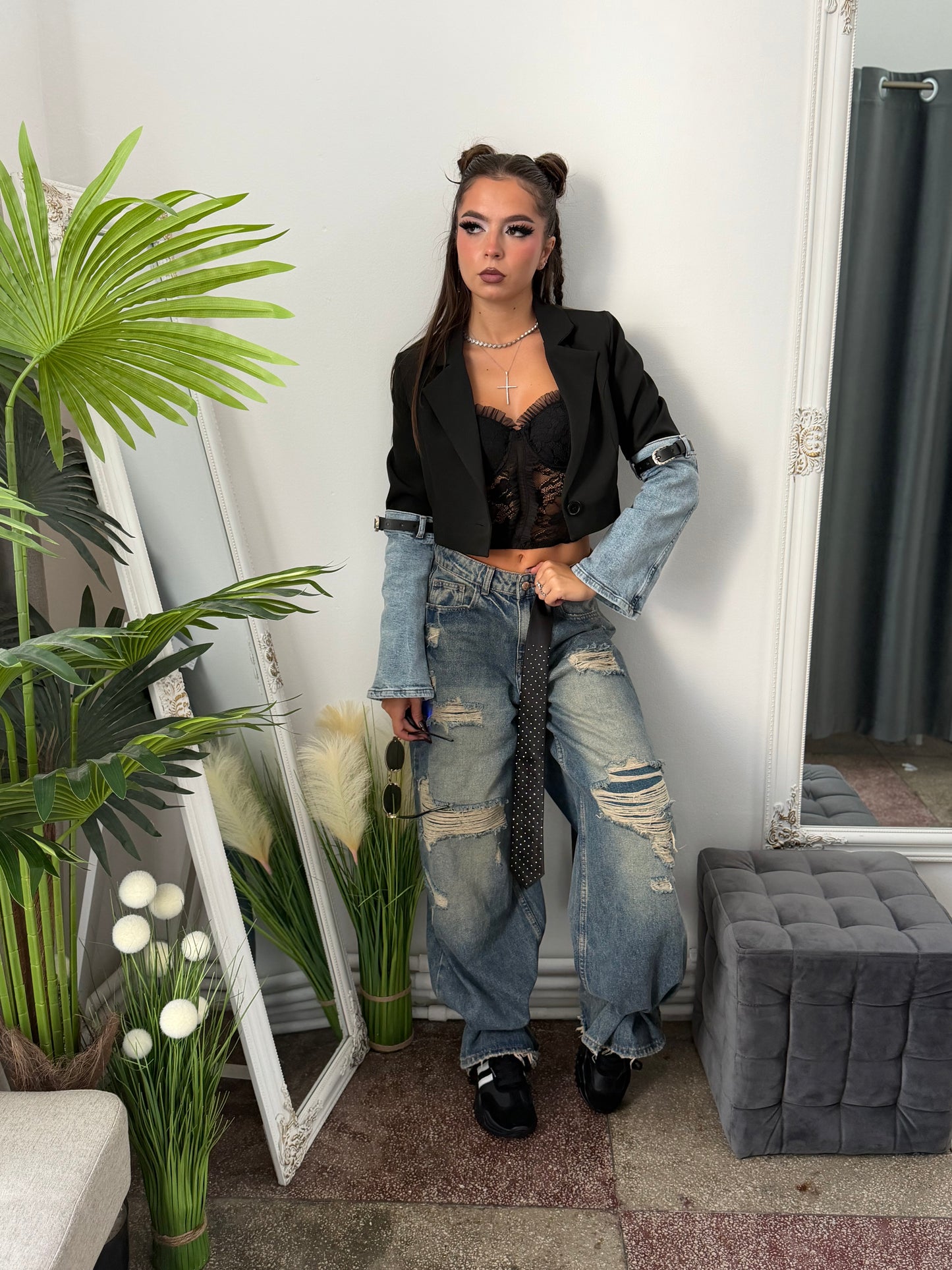 Sacou crop cu mânecă din denim