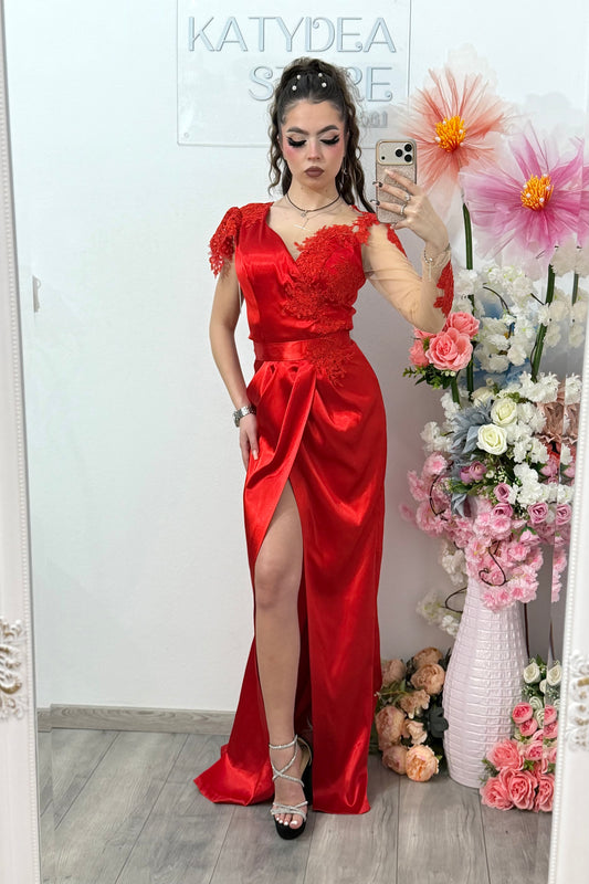 Rochie lunga din tafta rosu intens Anasofia