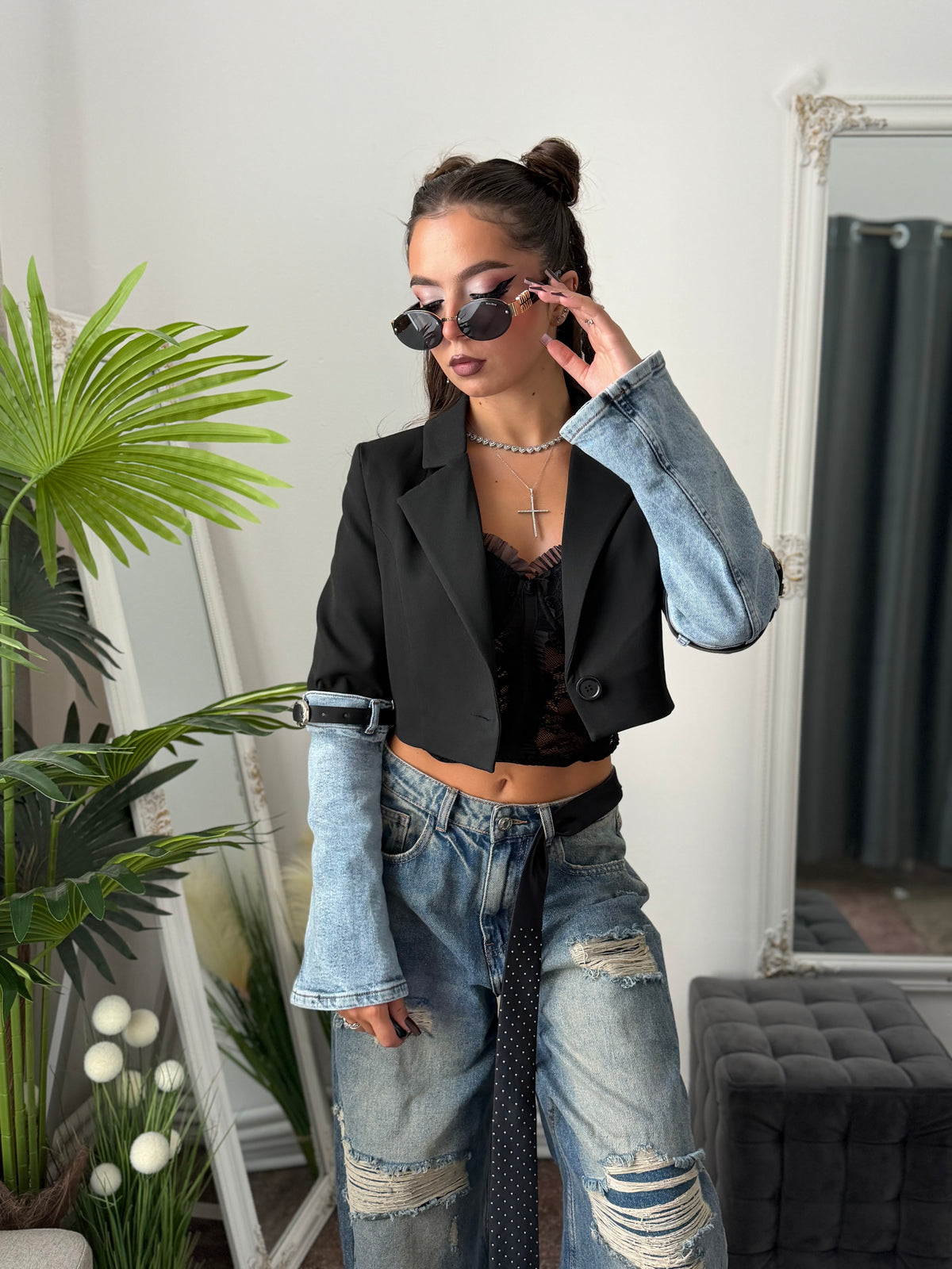 Sacou crop cu mânecă din denim