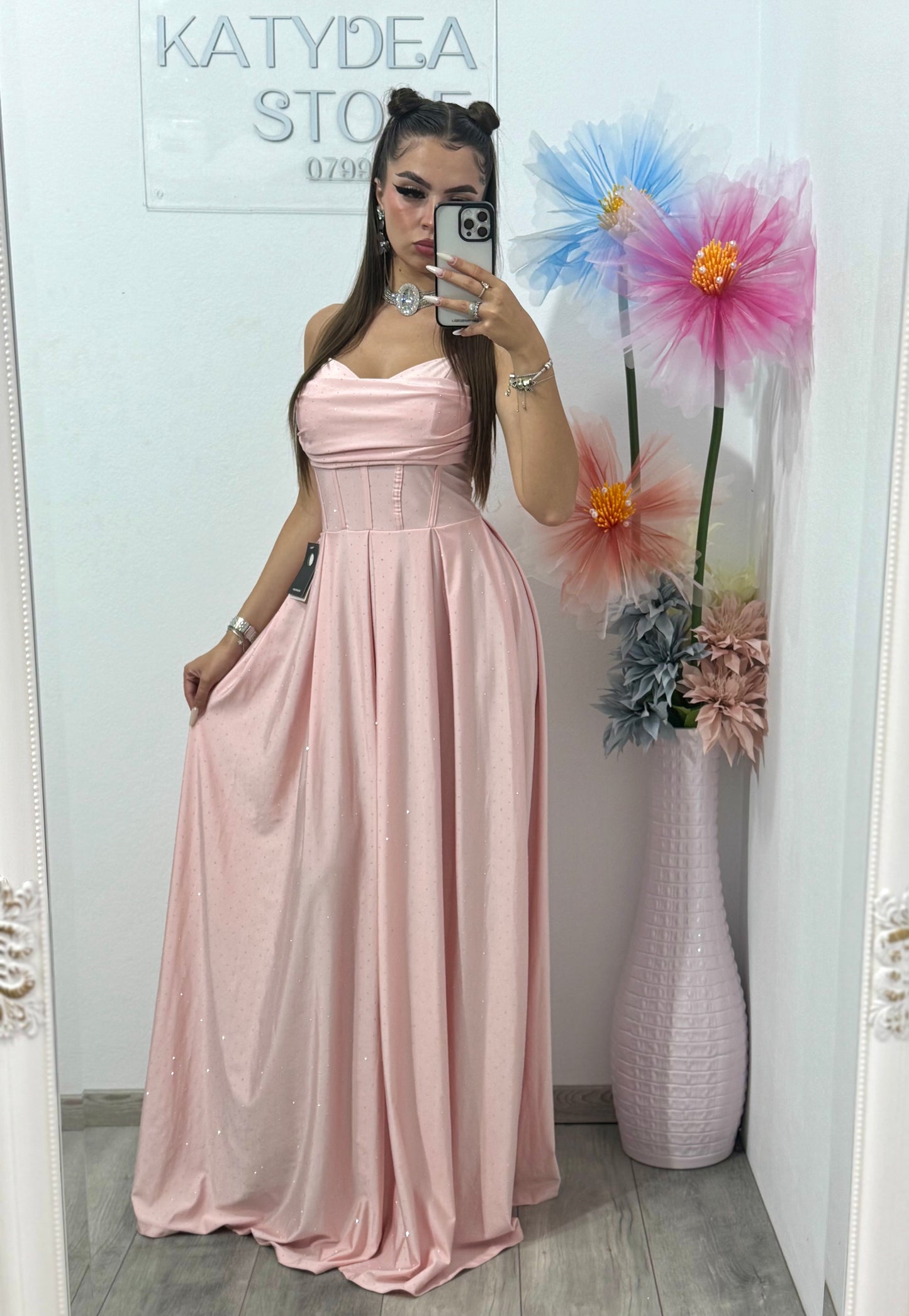 Rochie cu cristale ștanțate și corset Monica roz pudră