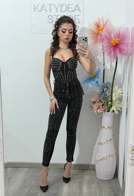 Jeans skinny negri cu cristale argintii BELLA