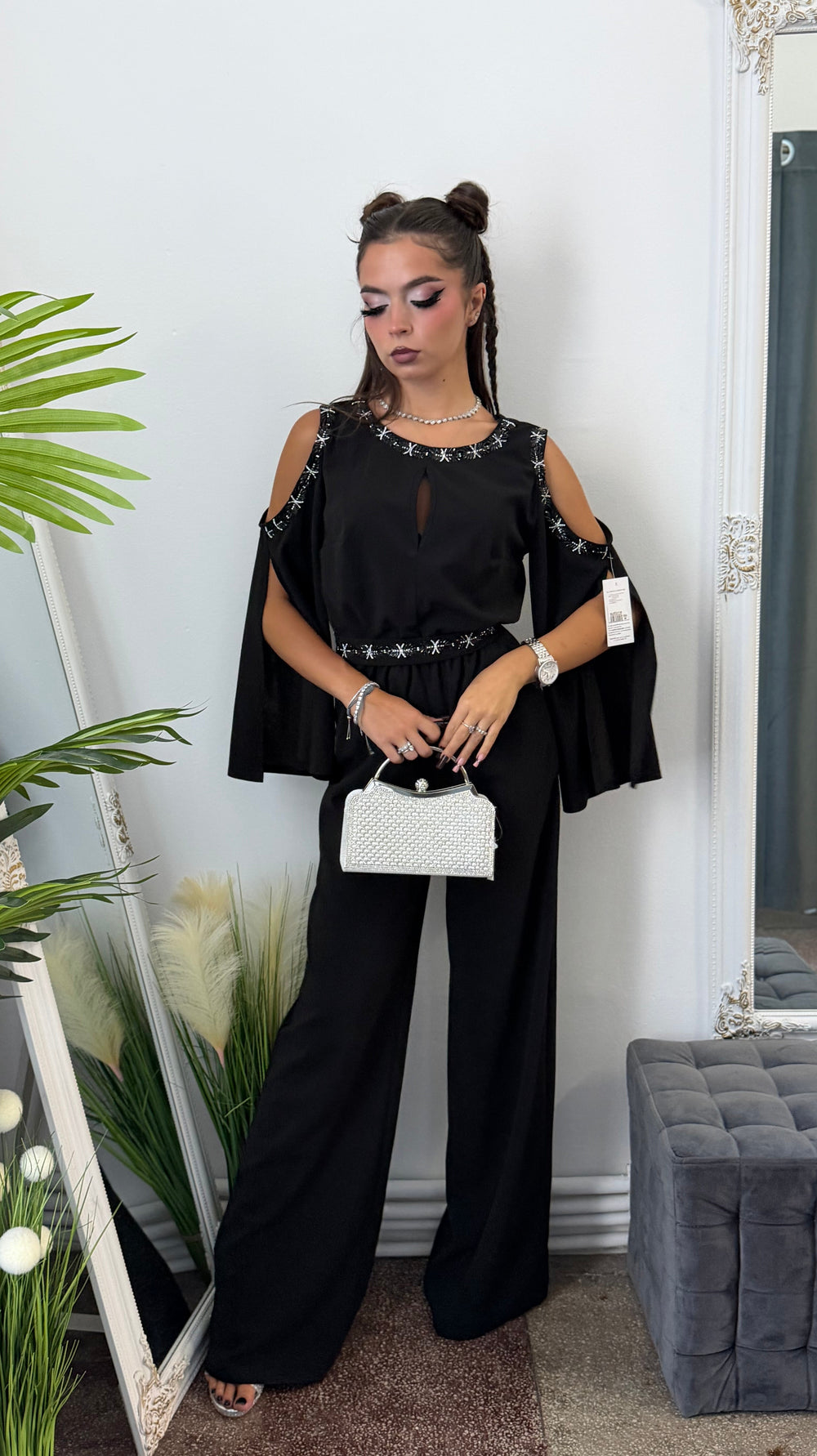 Salopetă elegantă neagra cu detalii argintii ELSA