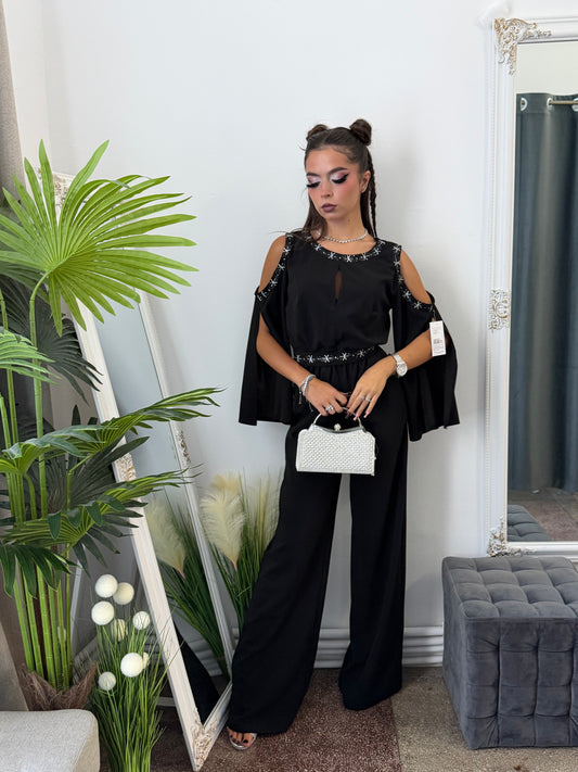 Salopetă elegantă neagra cu detalii argintii ELSA