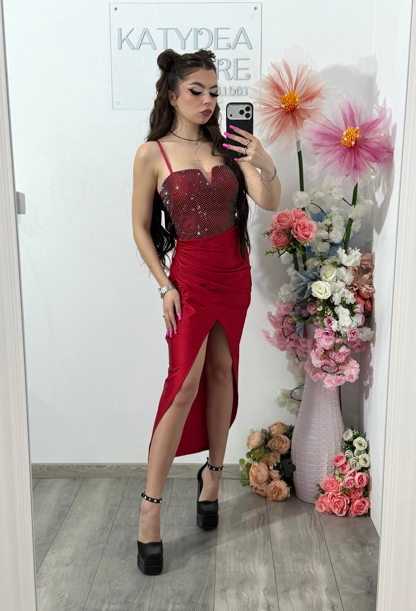 Rochie midi cu cristale rosie DELIA