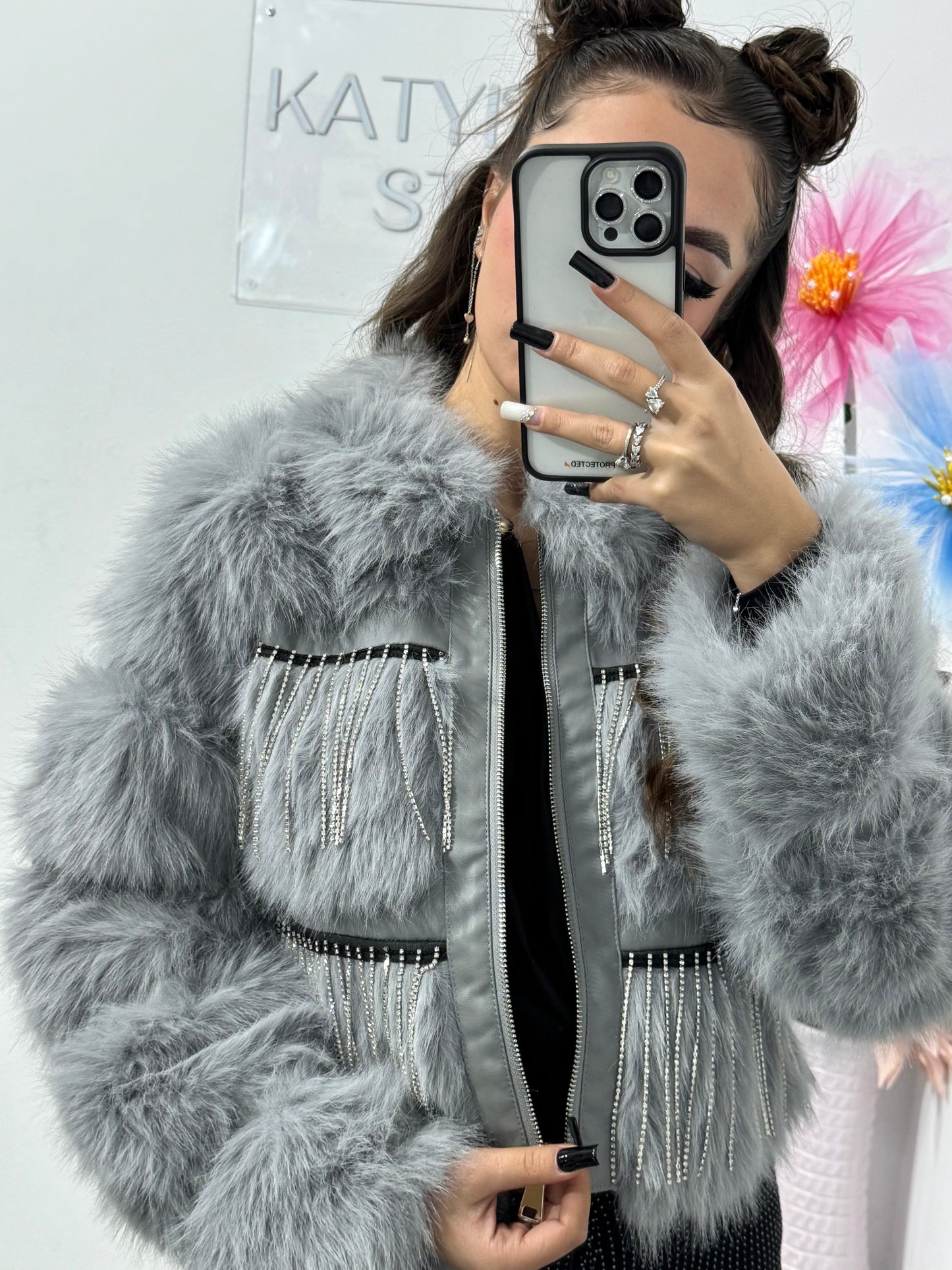 Geacă din blană cu cristale gri Alexis