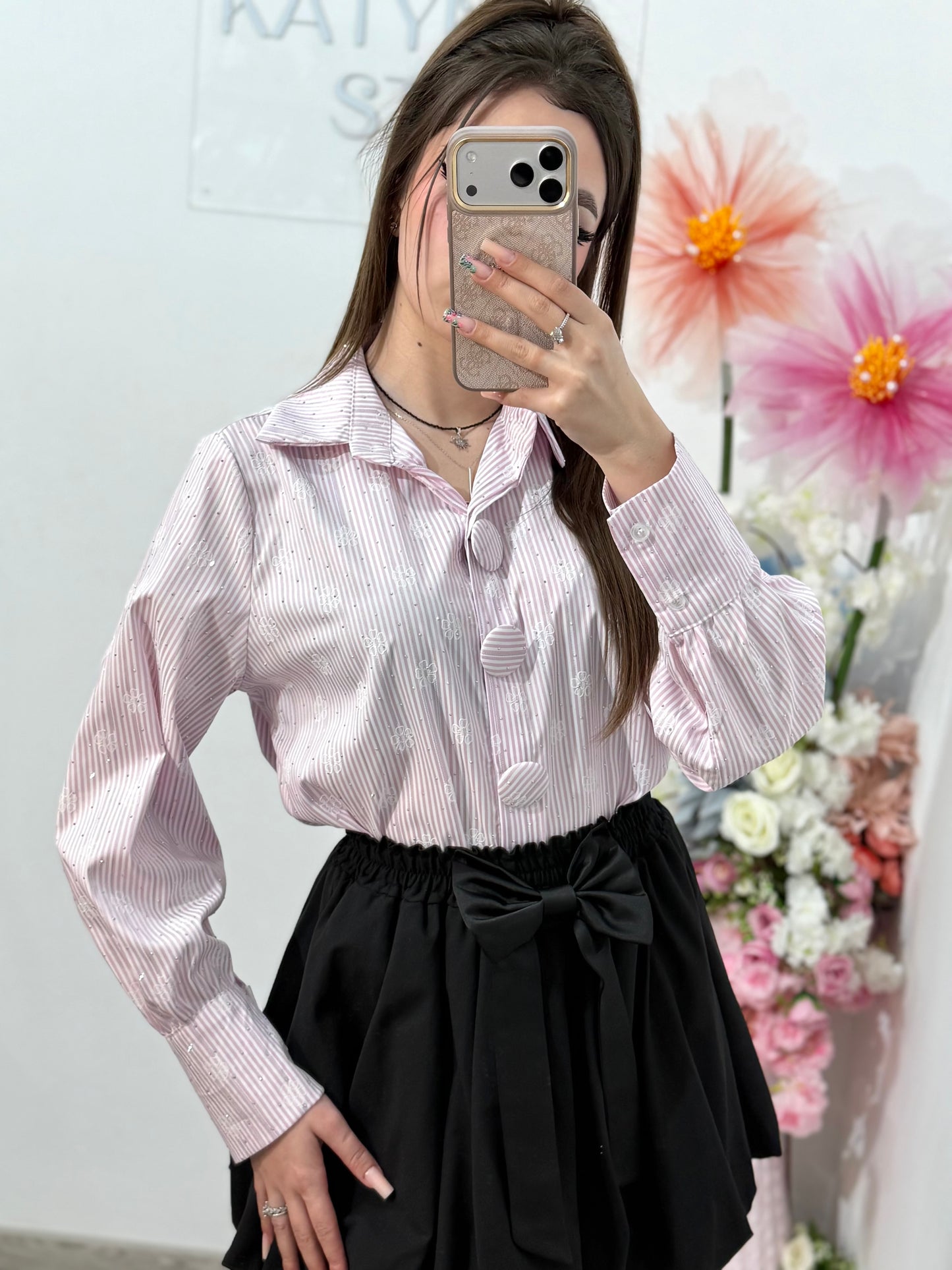 Cămașă elegantă cu dungi si cristale ștanțate ELENA