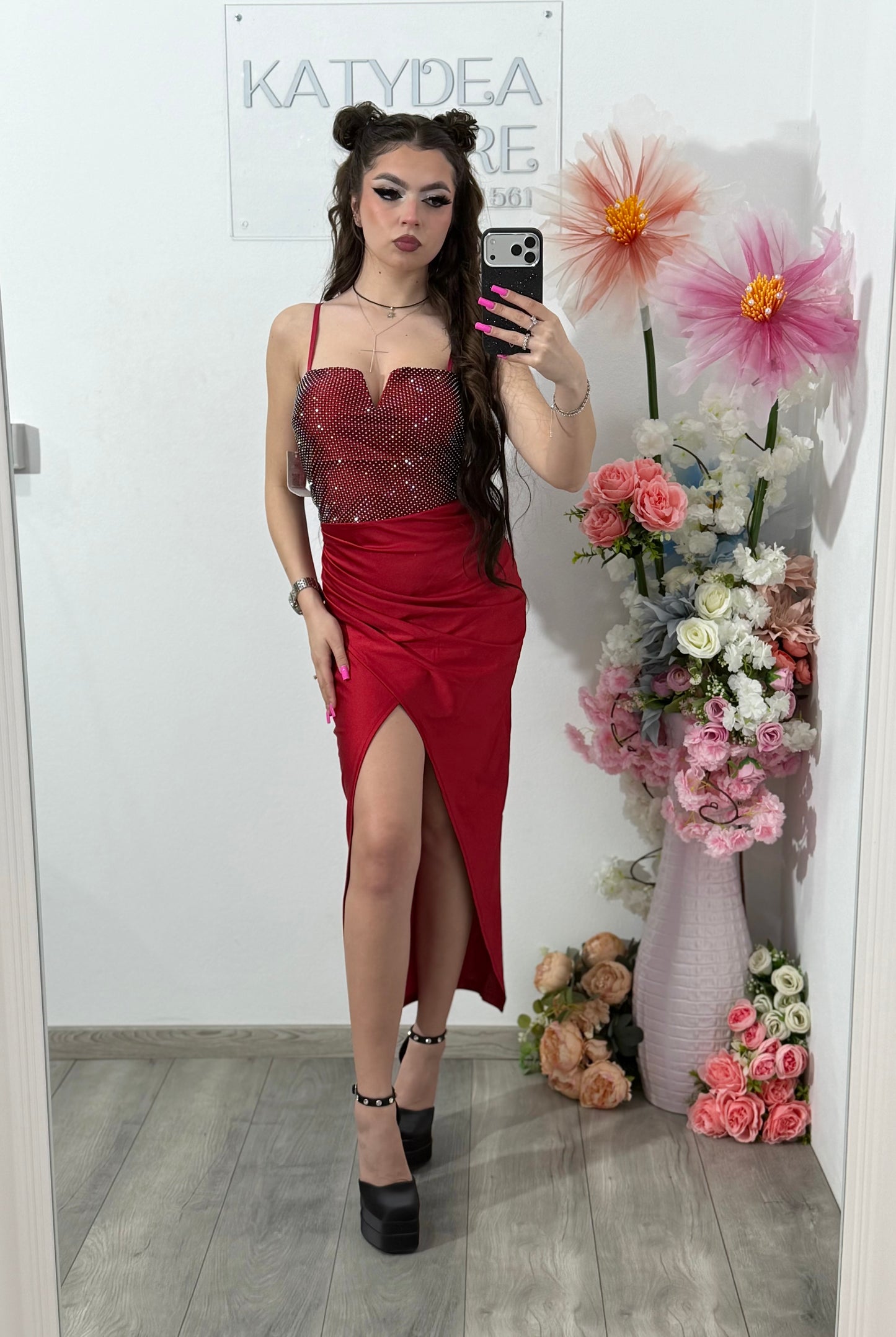 Rochie midi cu cristale rosie DELIA