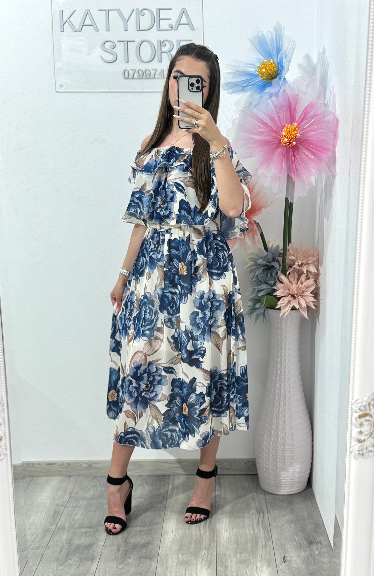 Rochie cu imprimeu floral bleumarin