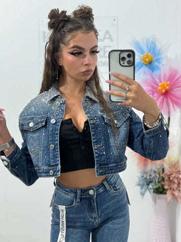 Geacă din denim cu cristale ștanțate blue Lorena