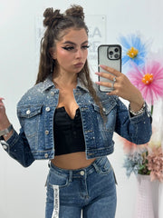 Geacă din denim cu cristale ștanțate blue Lorena