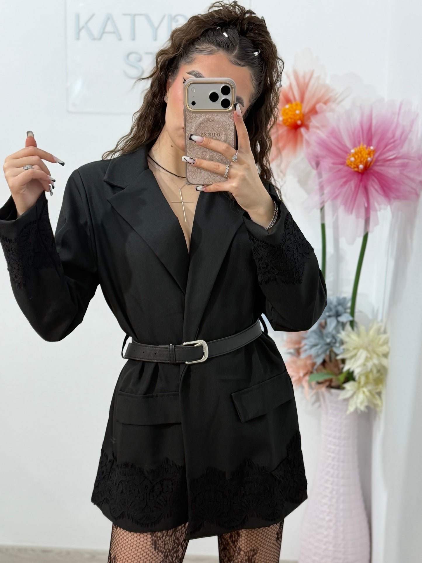 Sacou elegant cu dantelă neagră , negru  SORINA