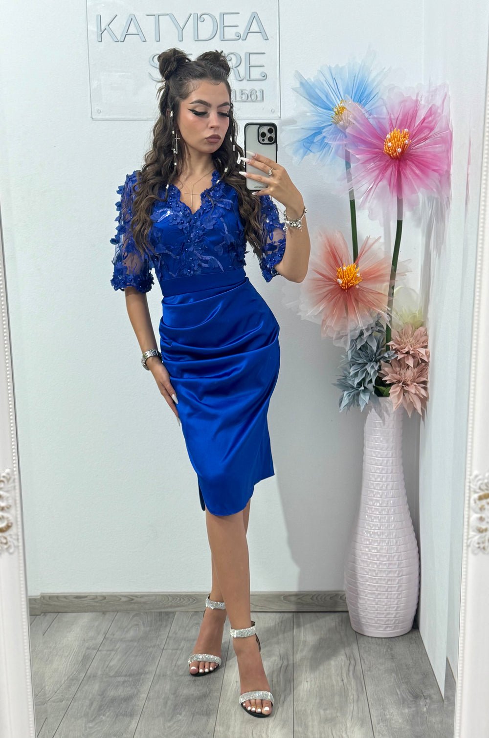 Rochie conică din tafta cu flori 3D albastru electric Aleyna