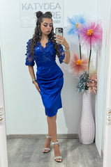 Rochie conică din tafta cu flori 3D albastru electric Aleyna