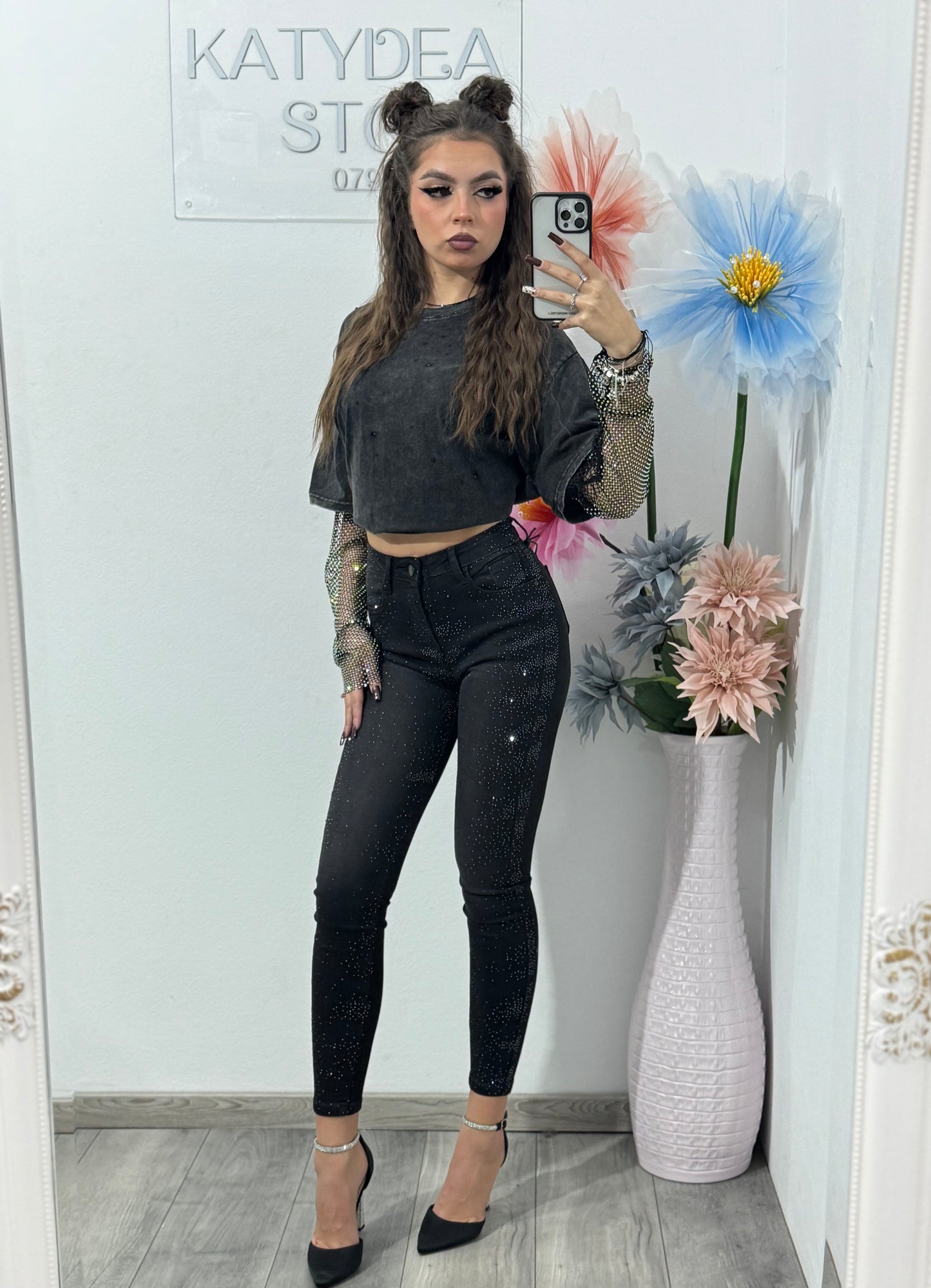 Jeans skinny negri cu cristale ștanțate DARIA