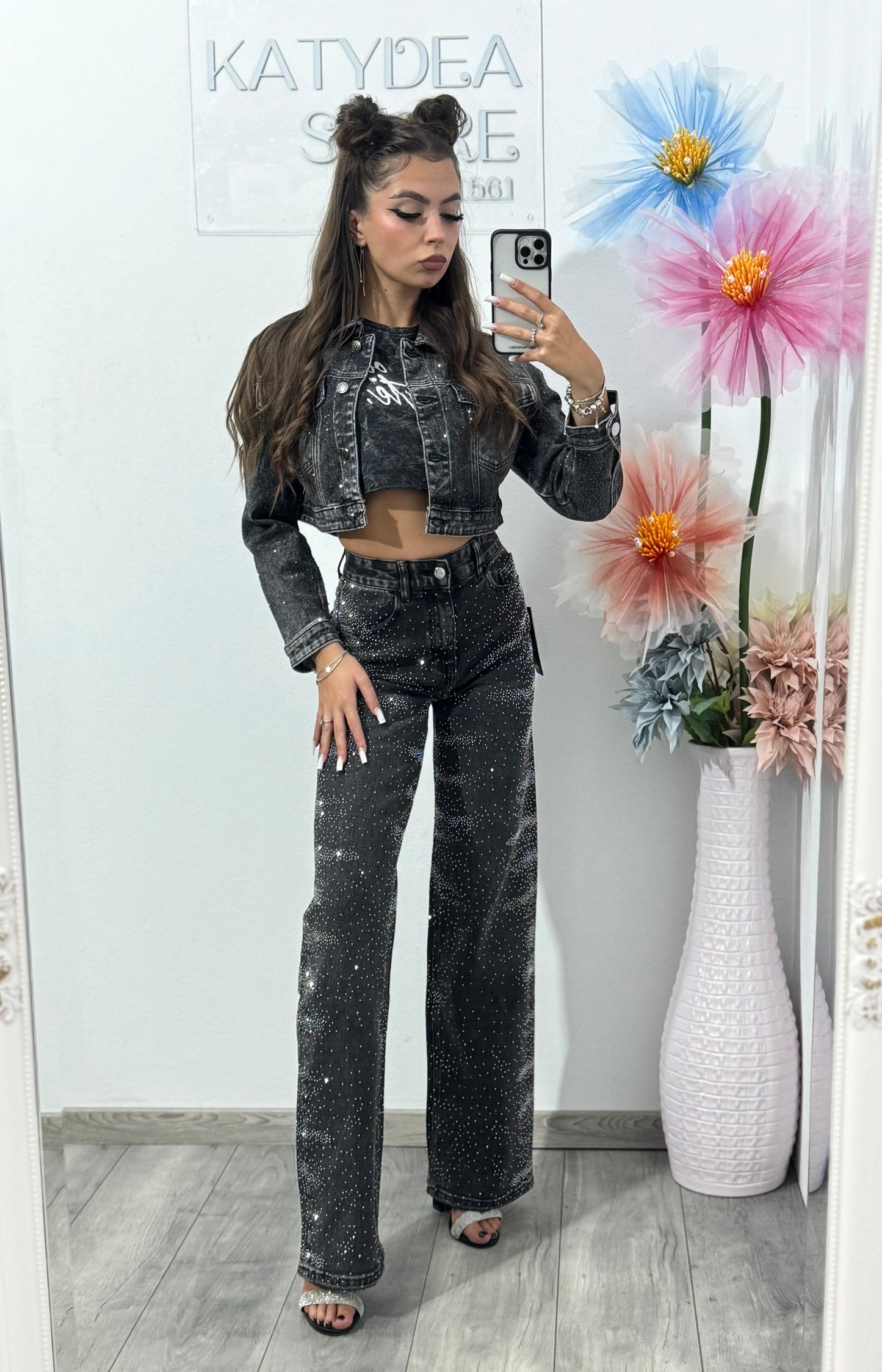 Jeans WideLeg cu cristale ștanțate Glam