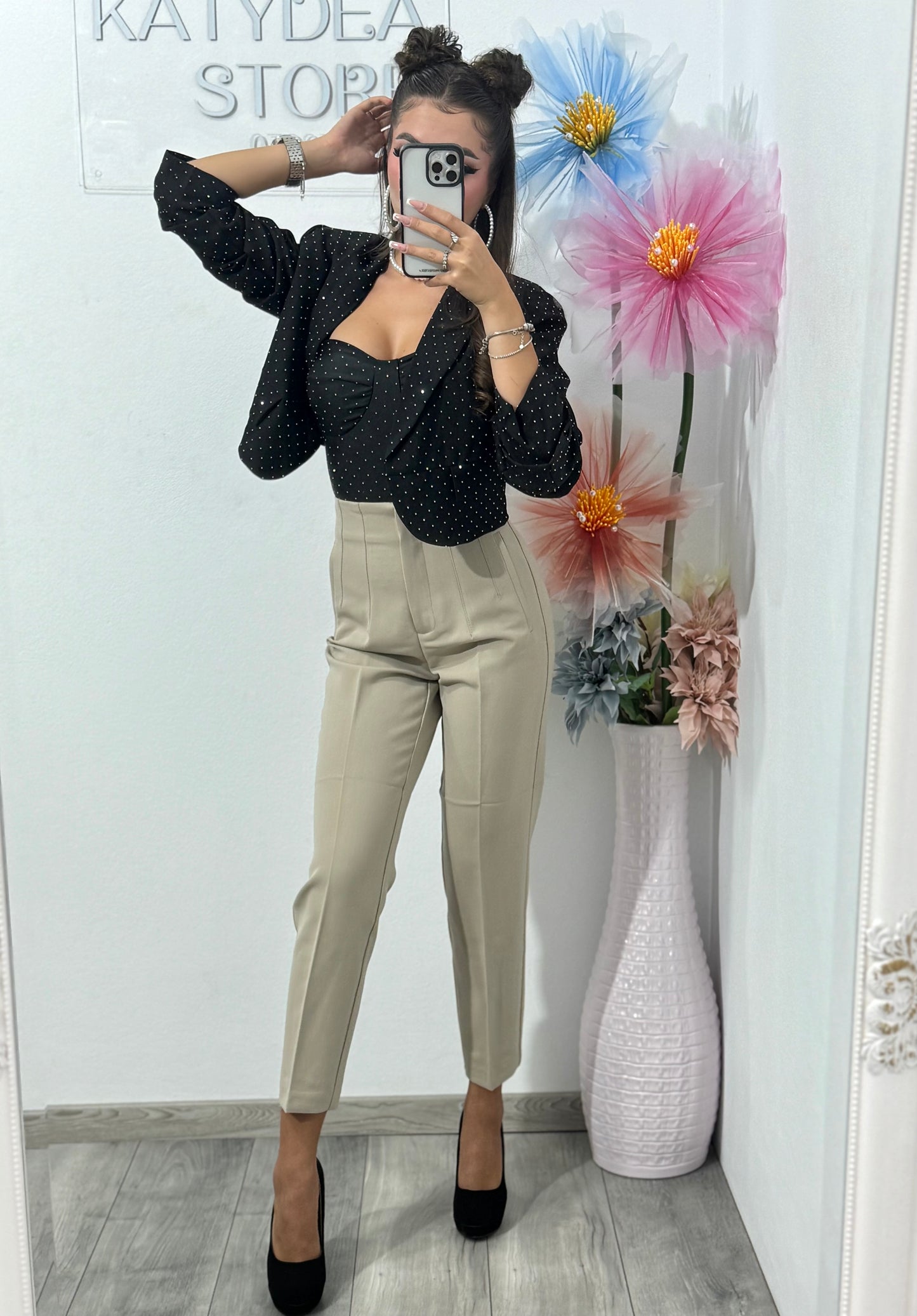 Pantalon crem cu talie inalta Caroline